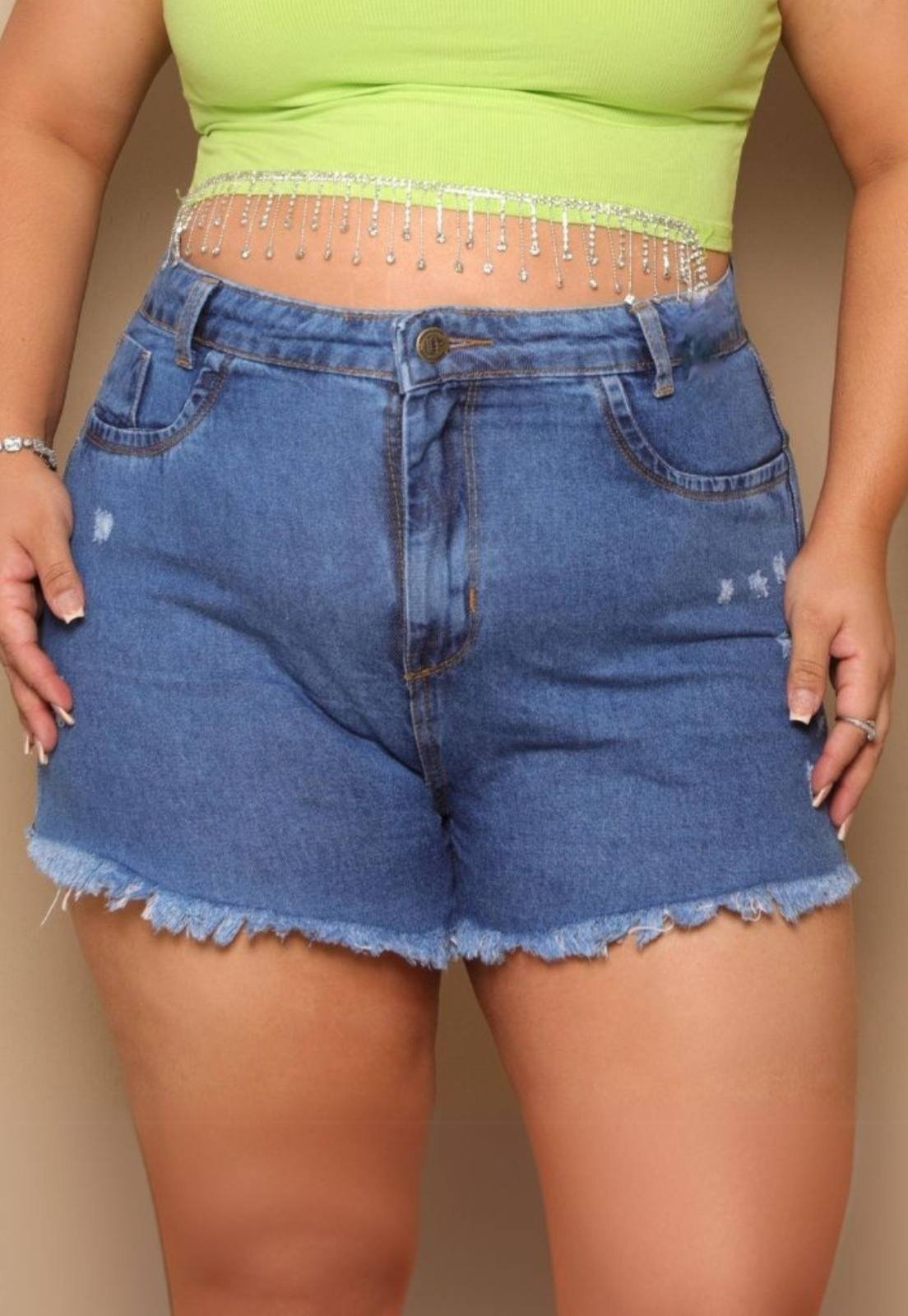 Short Plus Size Yellow Jeans Cintura Alta Desfiada Azul