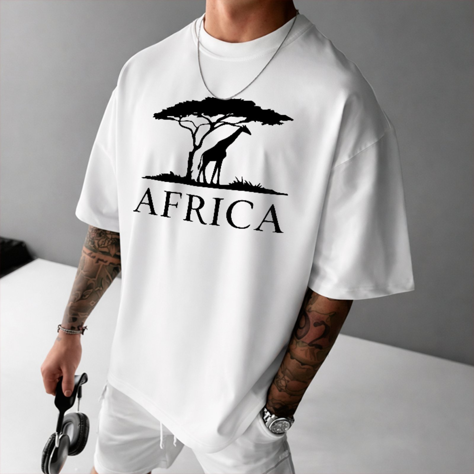 Camiseta Oversized Premium Africa Savanna Safari Unissex Branco