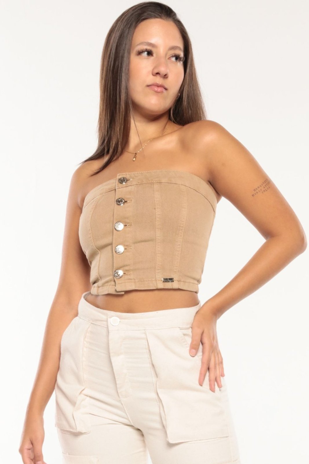 Cropped Feminino em Sarja Sem Mangas Planet Girls Bege Médio