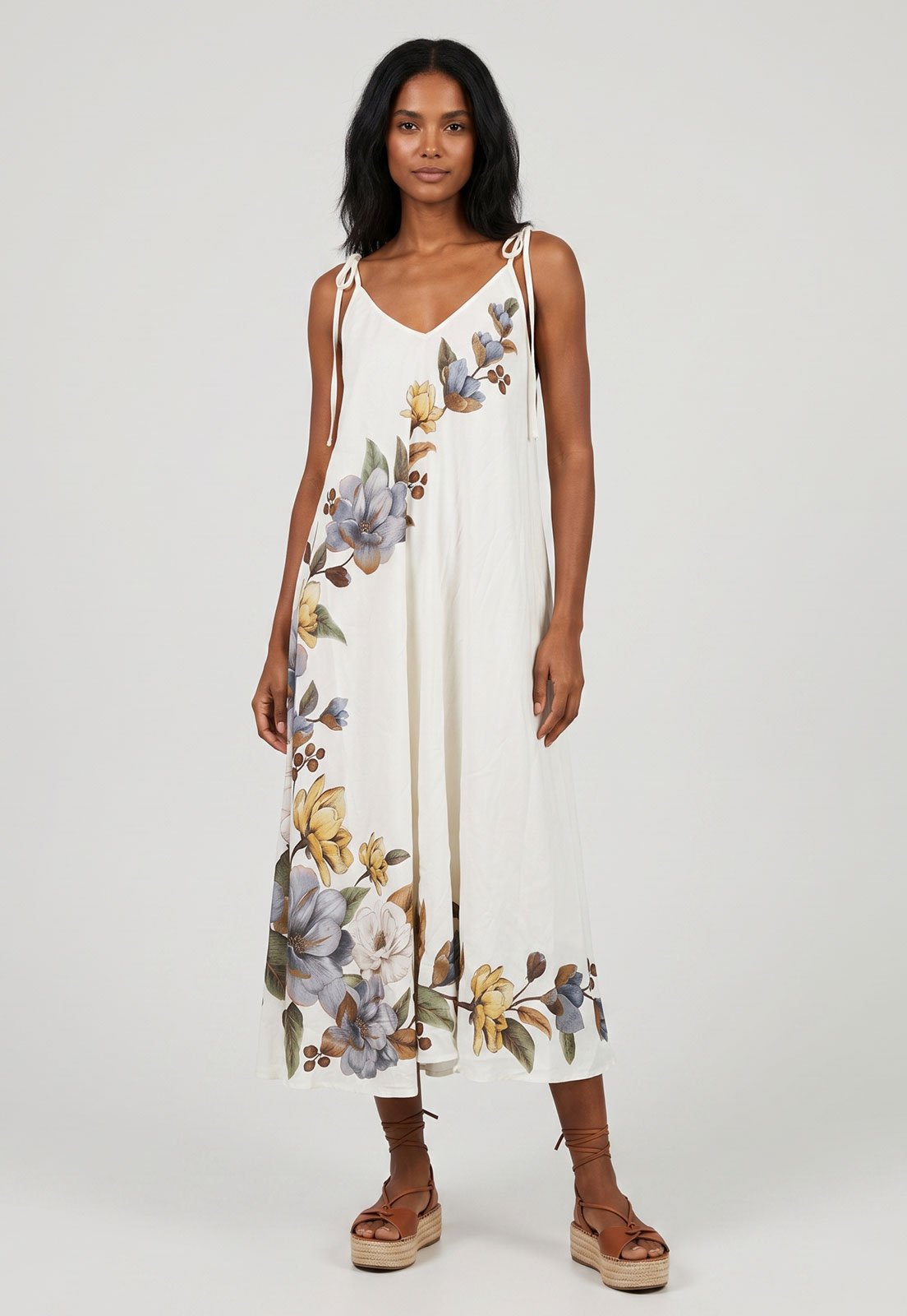 Vestido Feminino FARM Alças Finas Midi Floral Branco