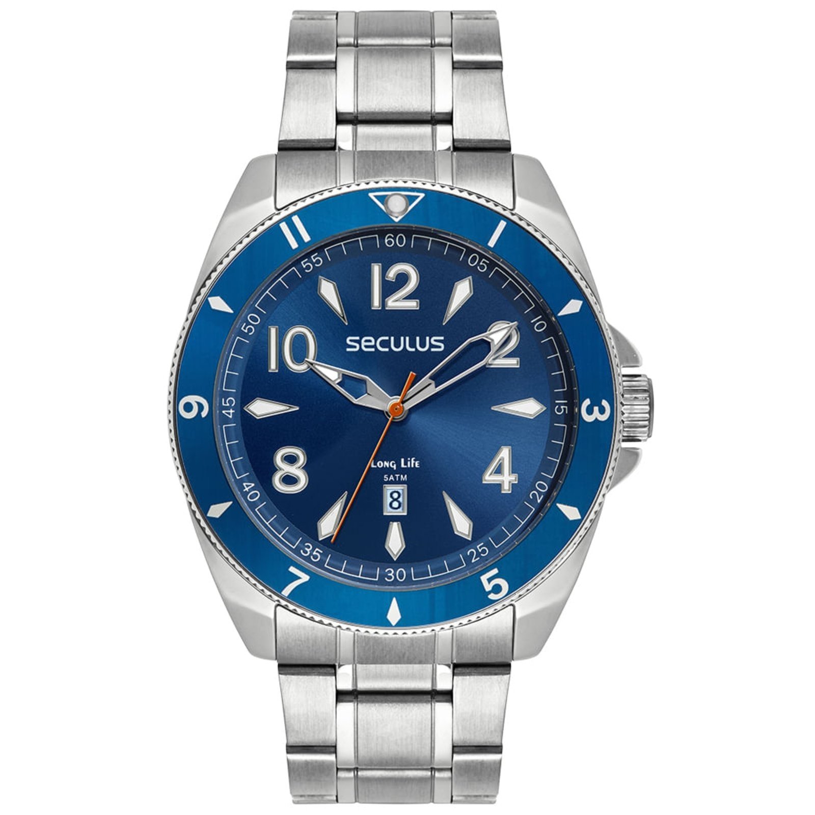 Relógio Masculino Aço Visor Azul e Calendário Prata Seculus