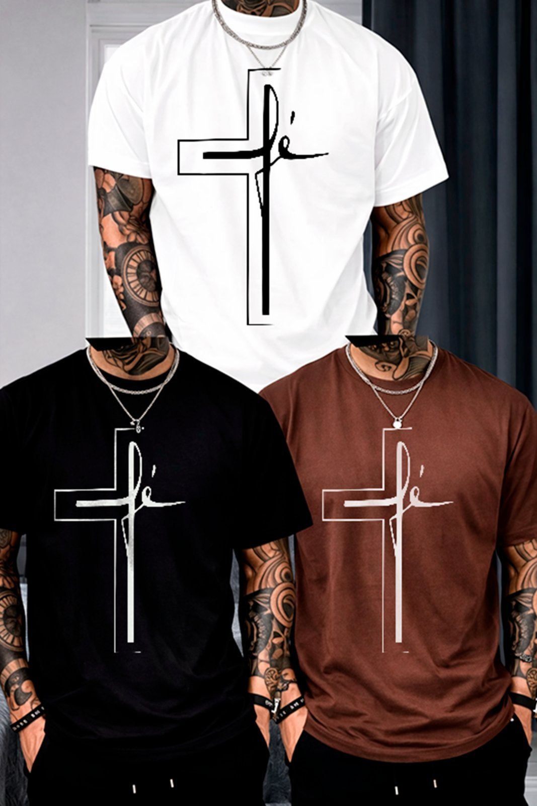 Kit 3 Camisetas Oversized Fé Cruz Minimalista Relogiosa Elegante