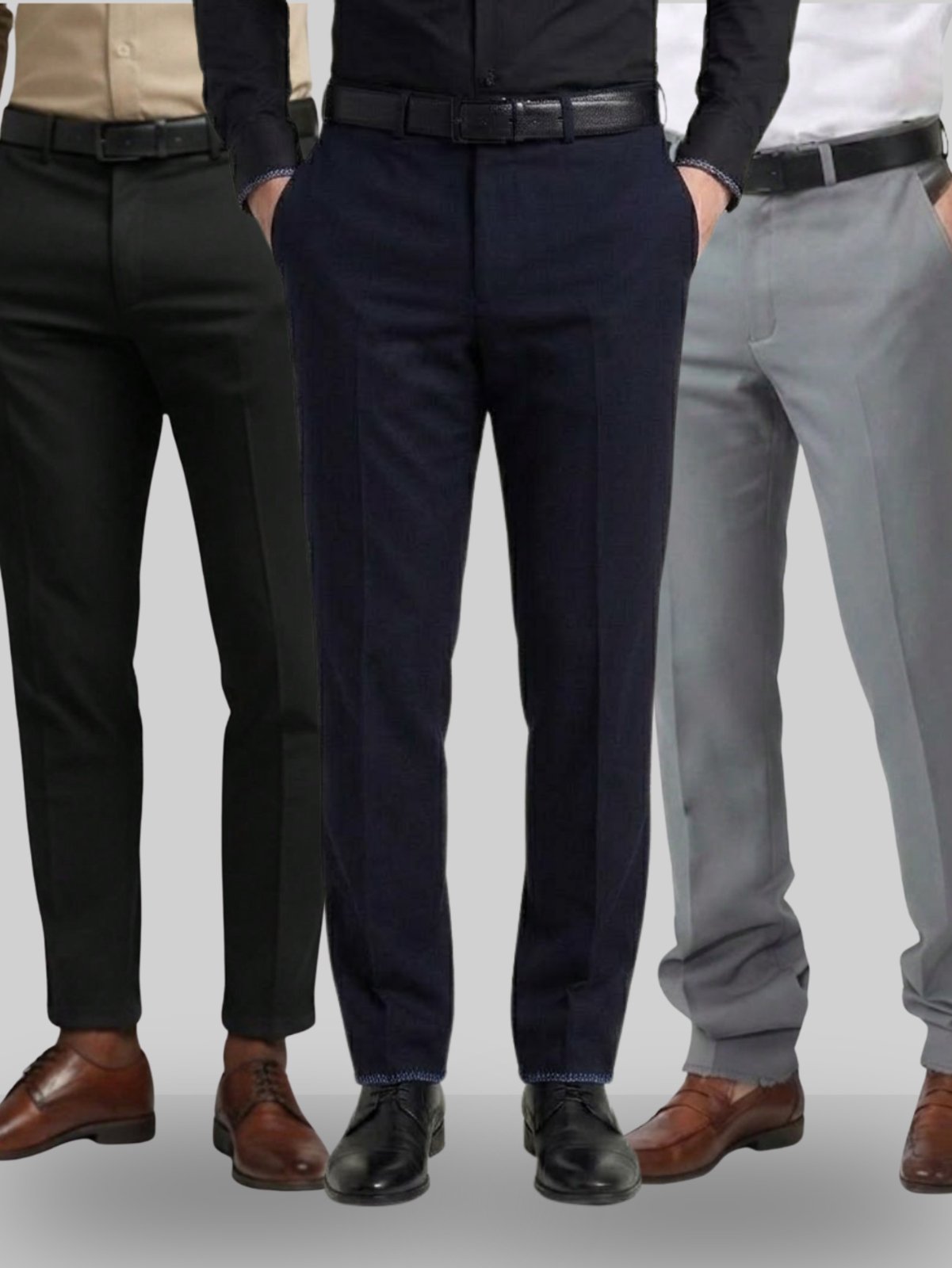 KIT Masculino 3 Peças - Calça Social Azul Marinho, Preta e Cinza Claro