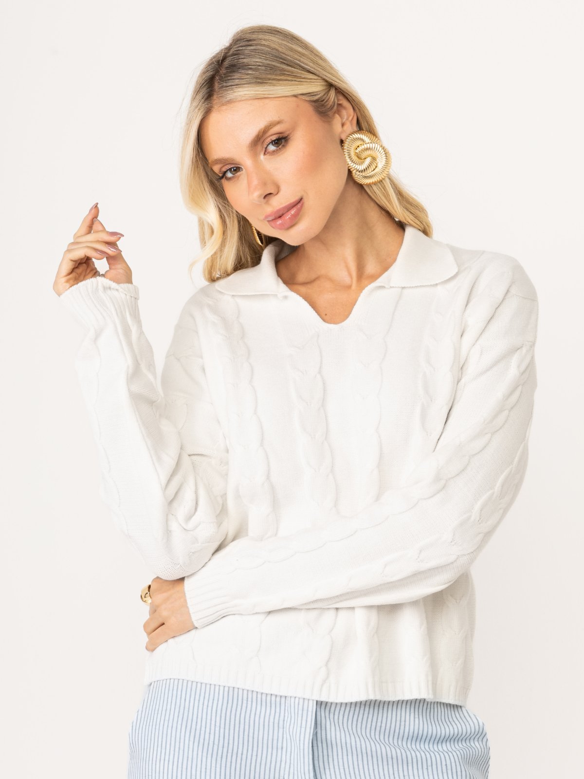 Blusa La Cor Tricot Gola Polo Tranças Off White