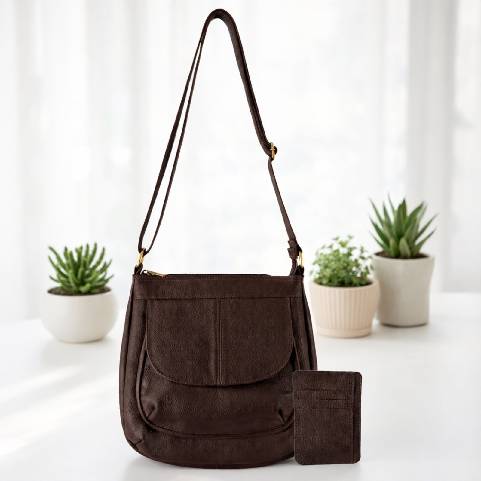 Kit Bolsa e Porta Cartões TopGrife Couro Marrom