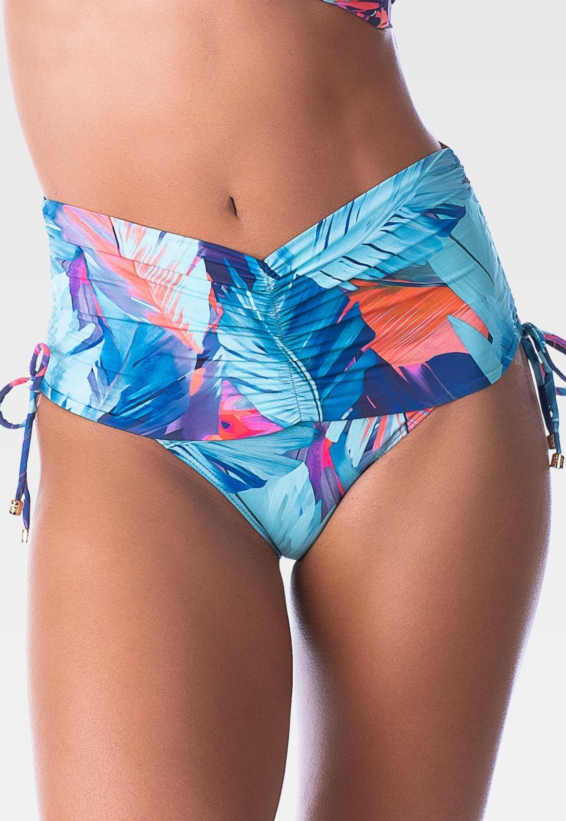 Calcinha Summer Soul Hot Pants Cós Franzido Com Amarração Folhagem Azul