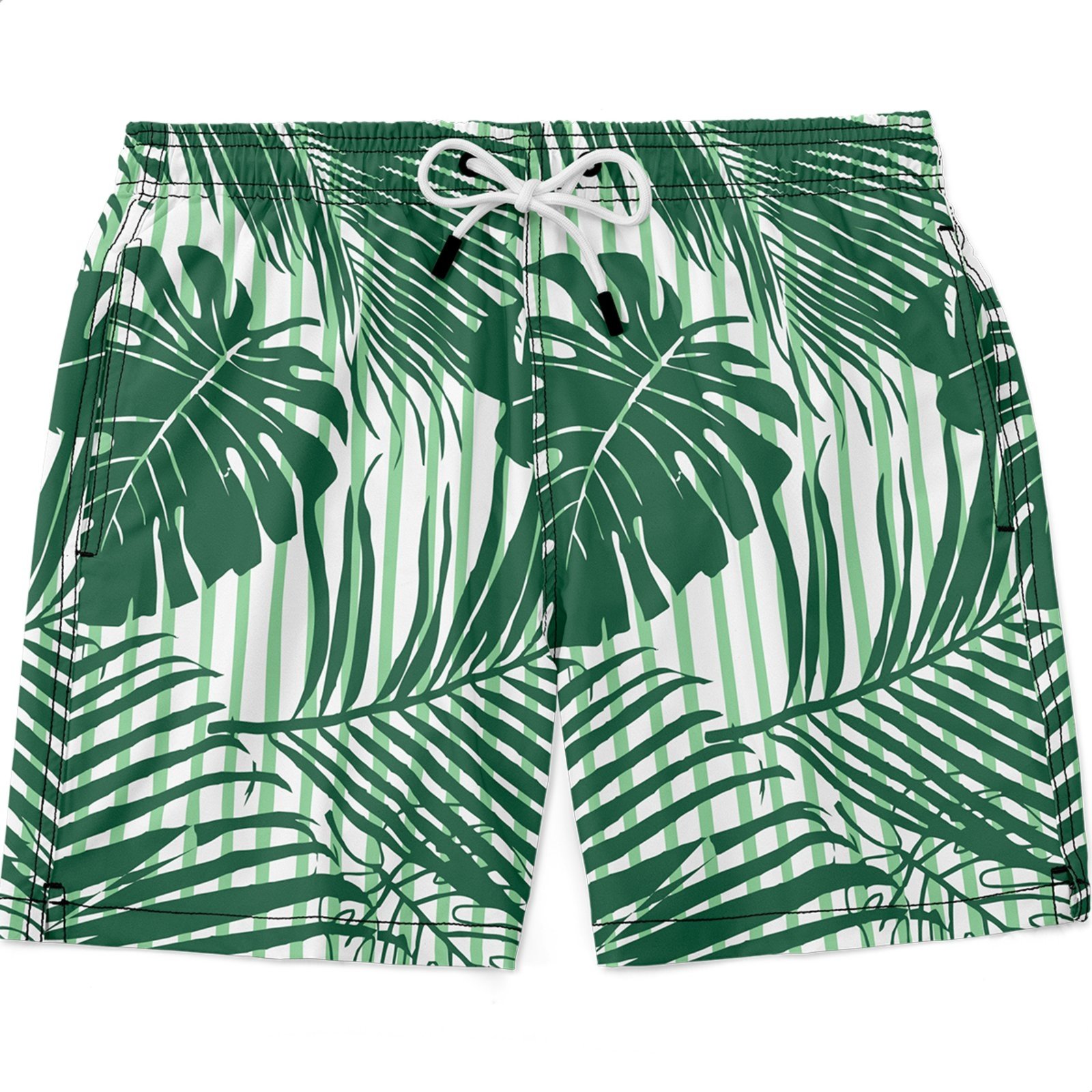 Shorts Masculino Tactel e Elastano Estampado Leve c/ Elástico e Cordão Ajustável na Cintura Bolsos Laterais e Secagem Rápida Uso Casual Treino Academia Flores Verdes e Branco