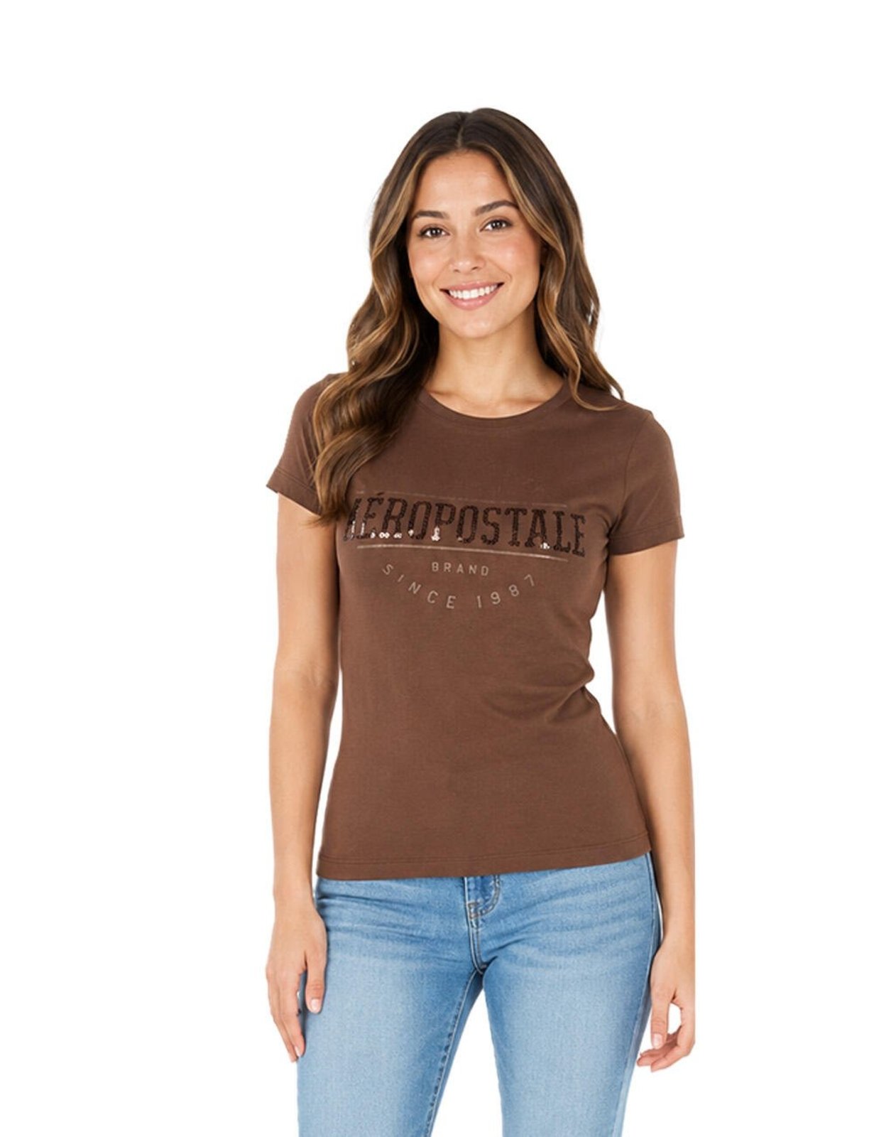 Camiseta Manga Curta Feminina Bordada Aéropostale 98120143 Marrom