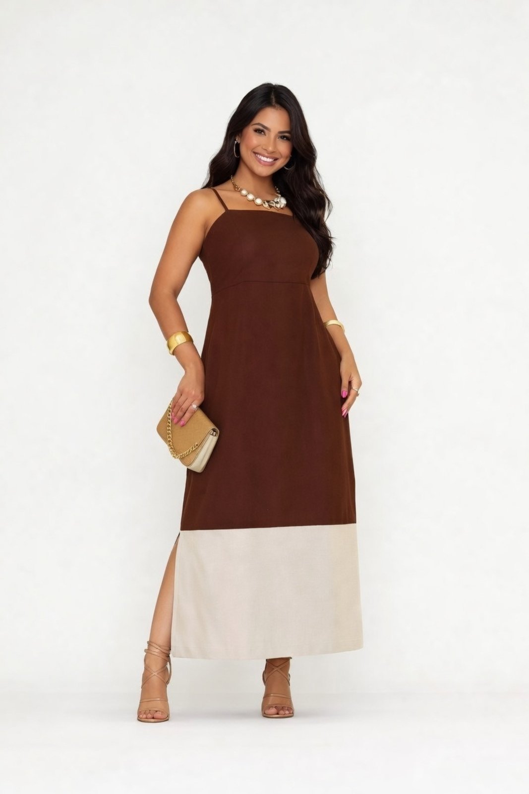 Vestido Longo D Bell Outlet Fashion com Alças Finas Marrom