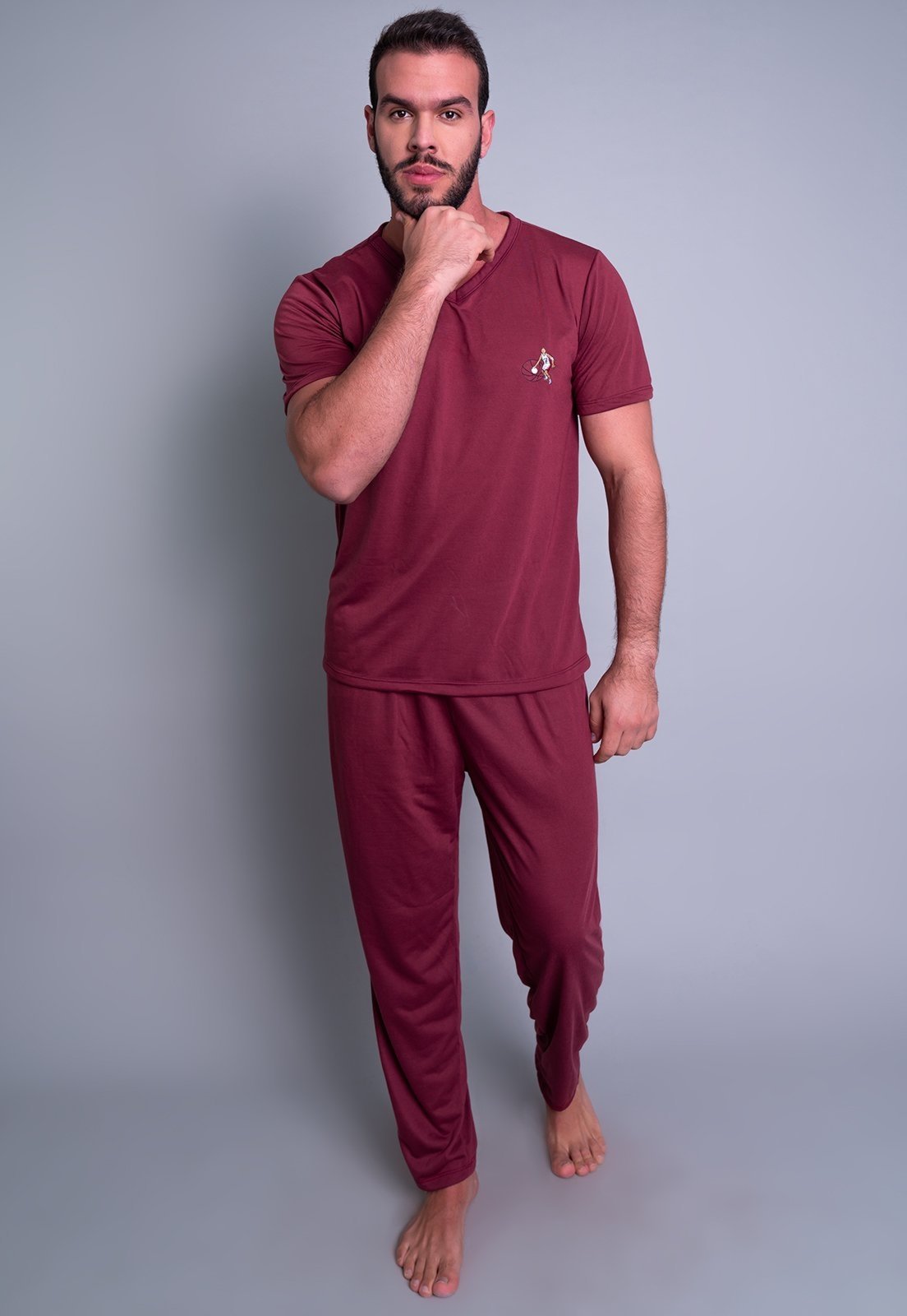 Pijama MVB Modas Longo Adulto Manga Curta E Calça Azul Vinho