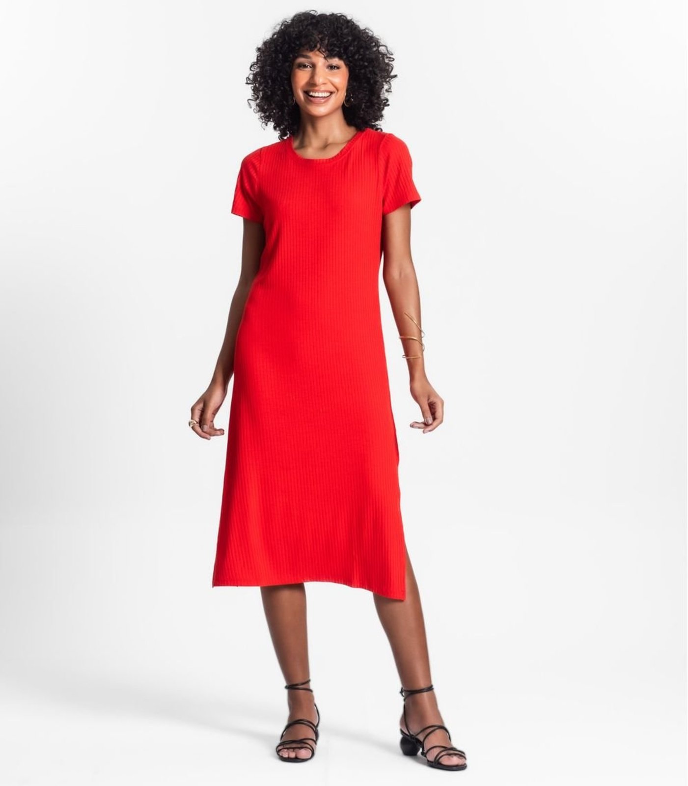 Vestido Midi Ribana Canelada Básico Rovitex Laranja
