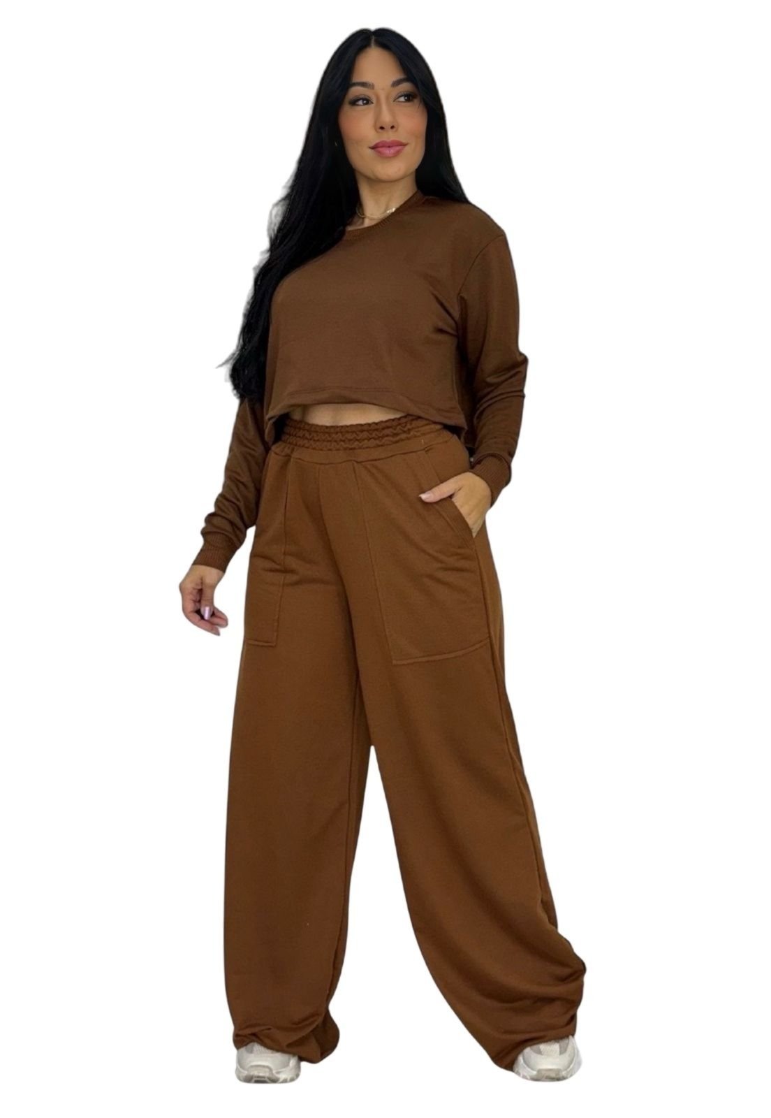 Conjunto Moletinho Blusa com Manga Longa e Calça Wide Leg e Samantha Marrom