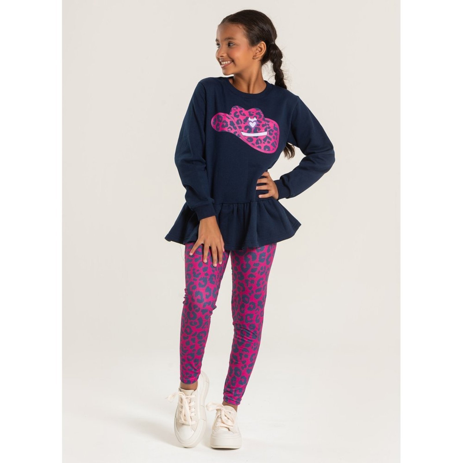 Infantil – Conjunto Inverno Menina Marinho Blusão em Moletom e Legging Boiadeira Fashion