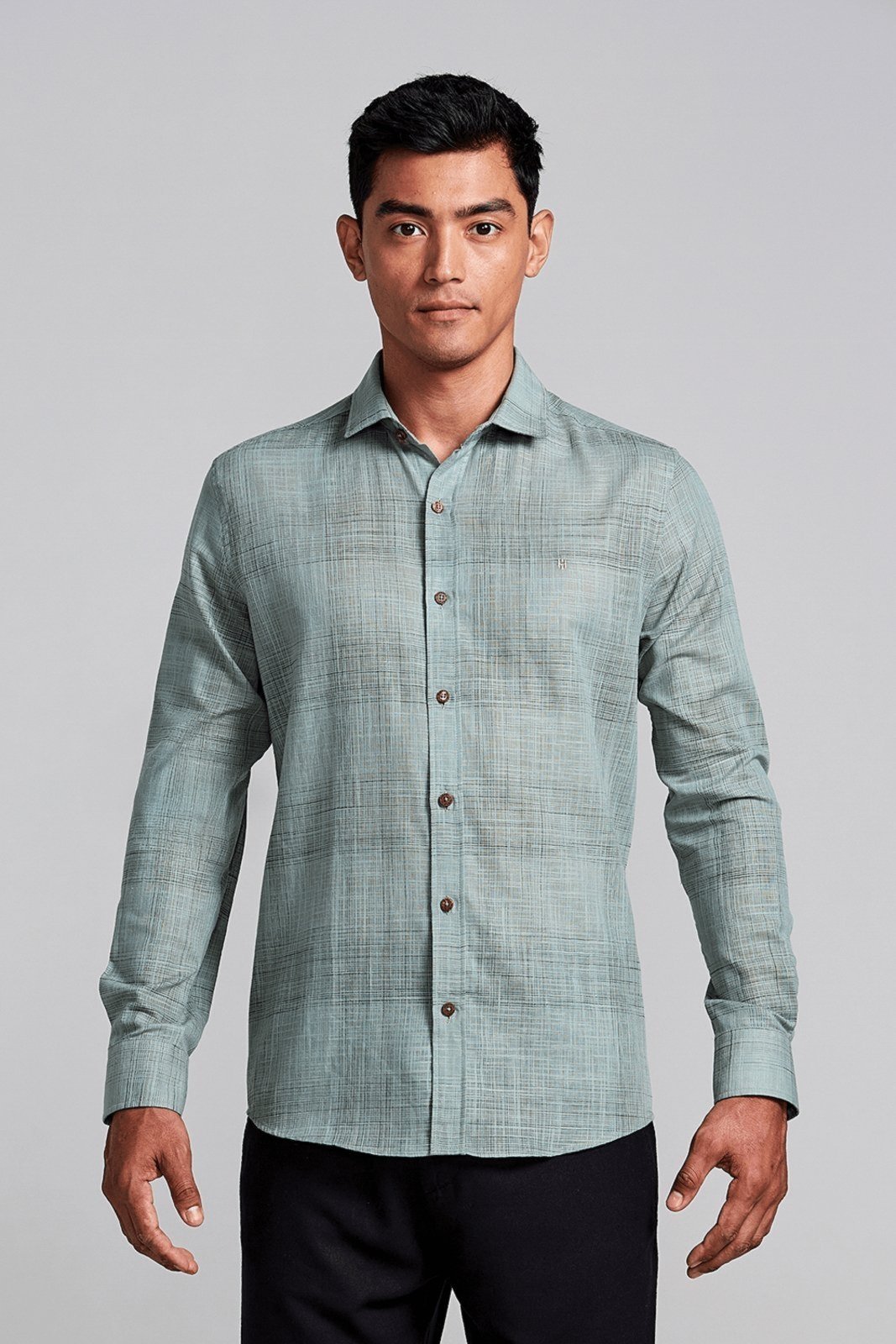 HIGHSTIL Camisa Slub Slim Fit Listrada – Verde