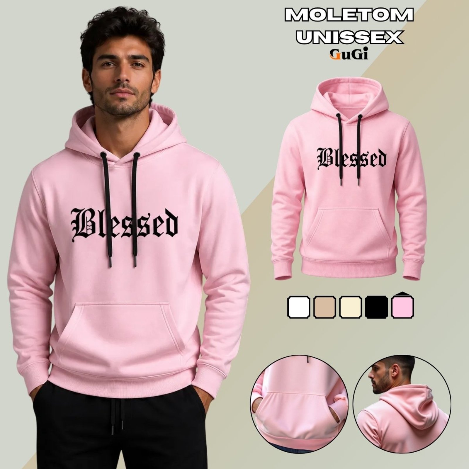 Moletom Canguru Unissex Com Capuz Blessed Abençoado GuGi - Rosa