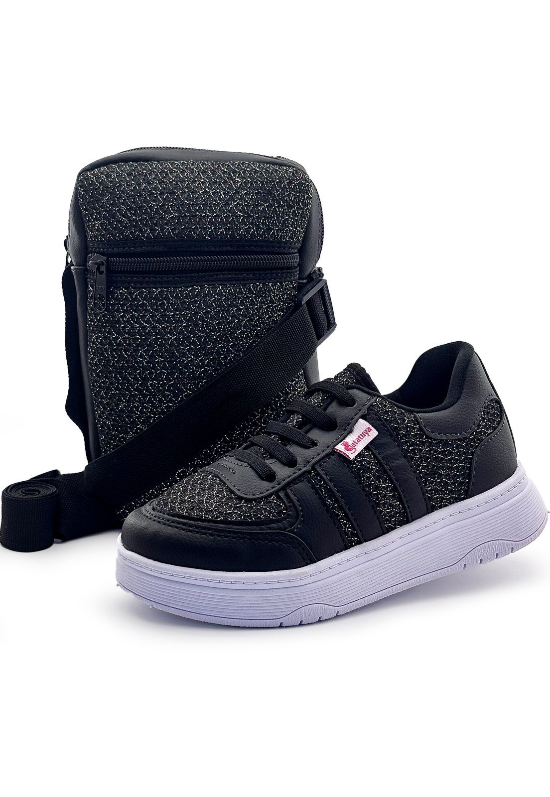 Infantil - Kit Tênis Menina Feminino Preto Brilhante Com Bolsa Confortável Calce Fácil Mzkid