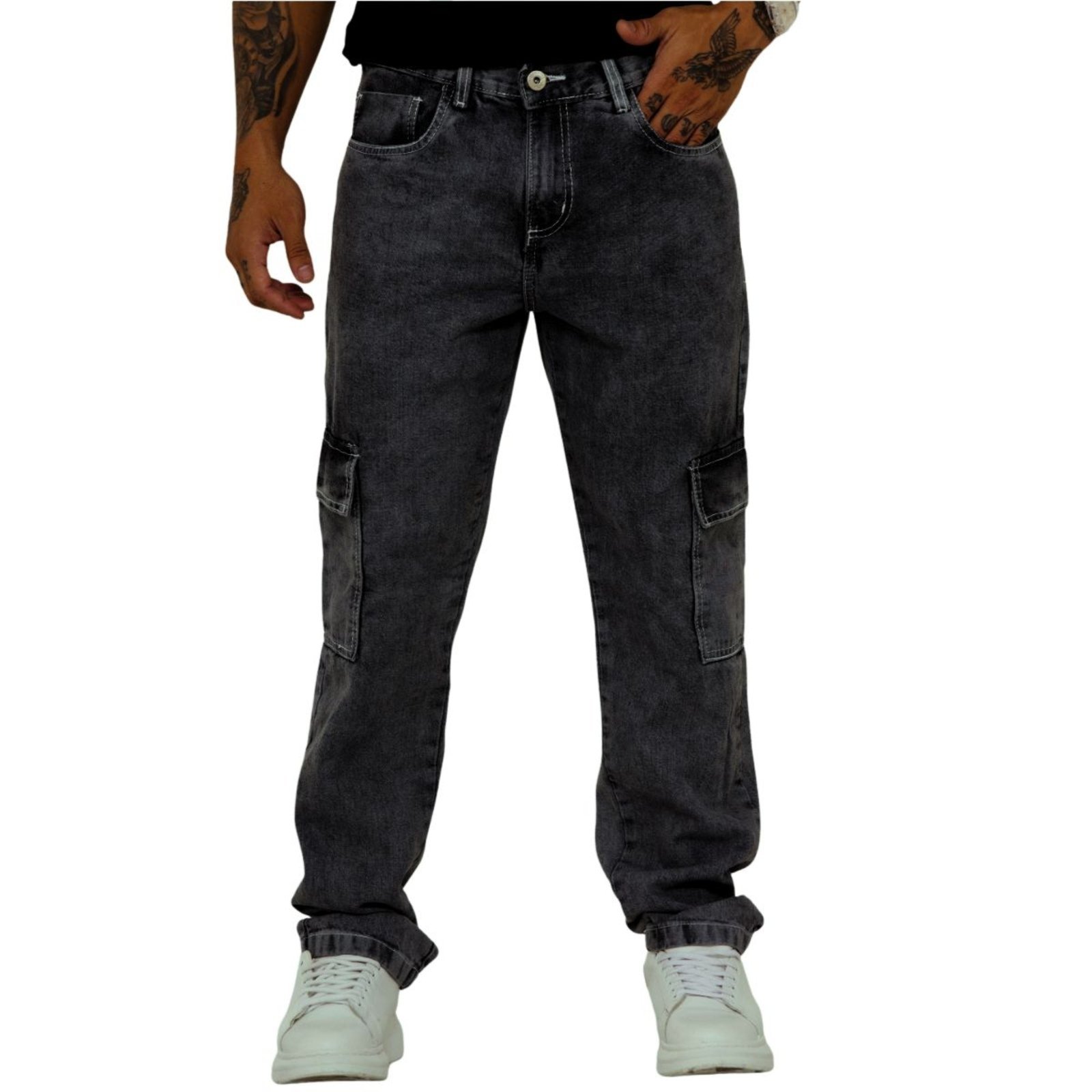 Calça Cargo Masculina Jeans Loka Collor Cinza Grafite com Costura Branca