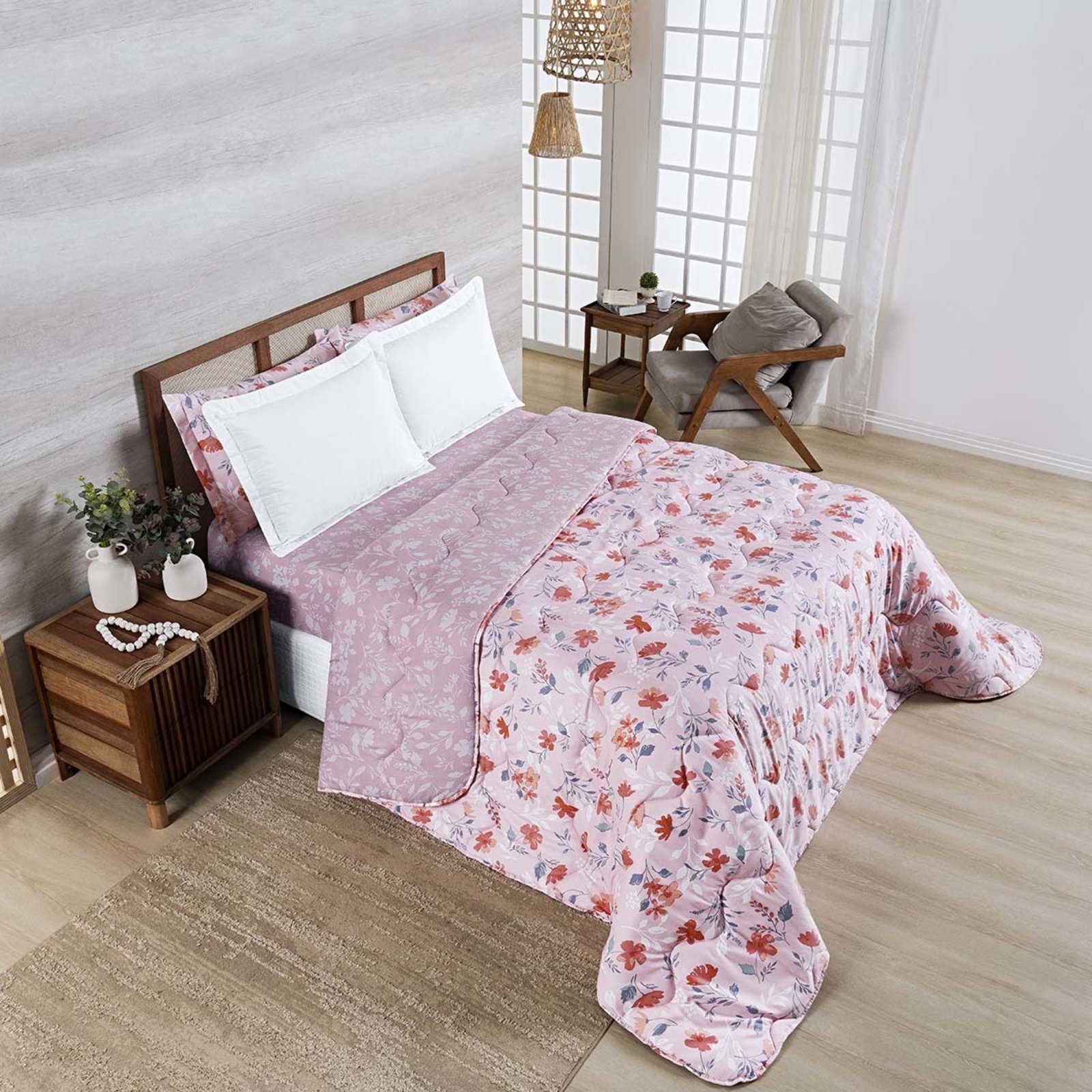Edredom Cobertor Belle Super King 400 Fios Dupla Face Estampado Floral Rosê