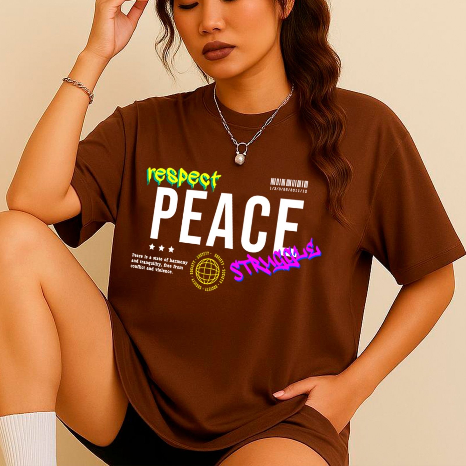 Camiseta Ousy Streetwear Respect Peace Strong Graffiti Edition Trend Oversized Marrom
