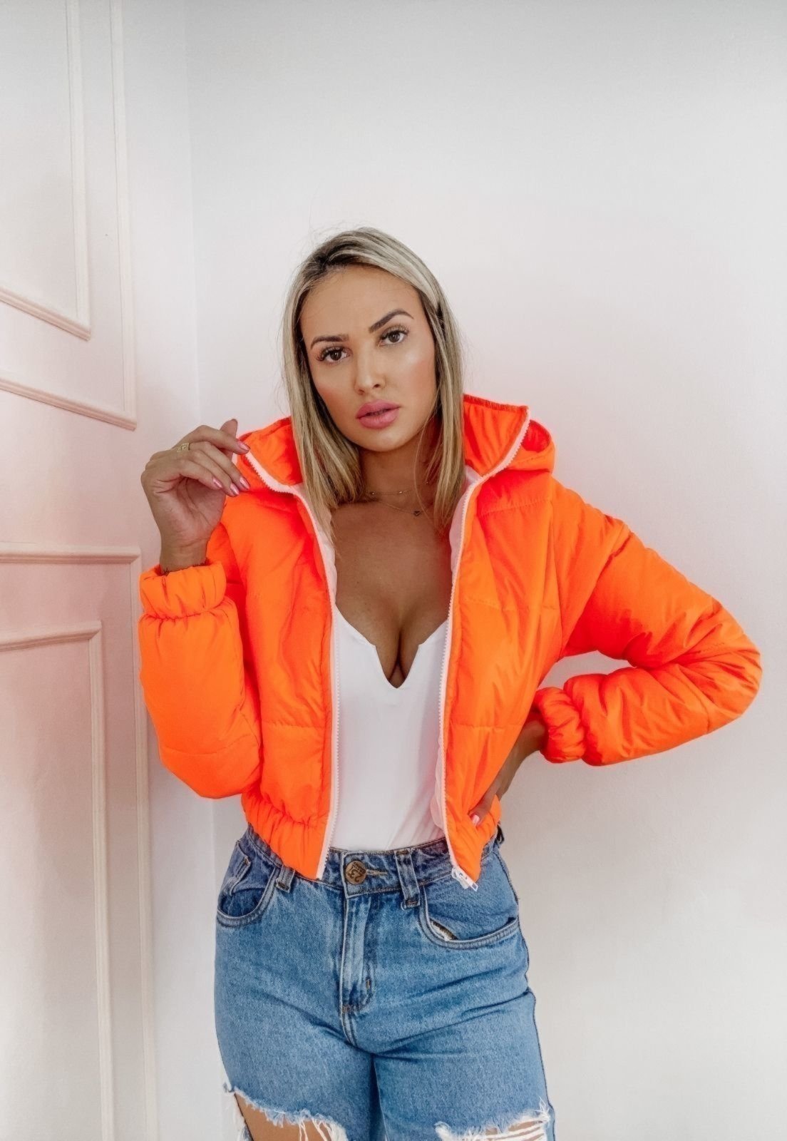 Jaqueta Puffer Curta Laranja Cítrica