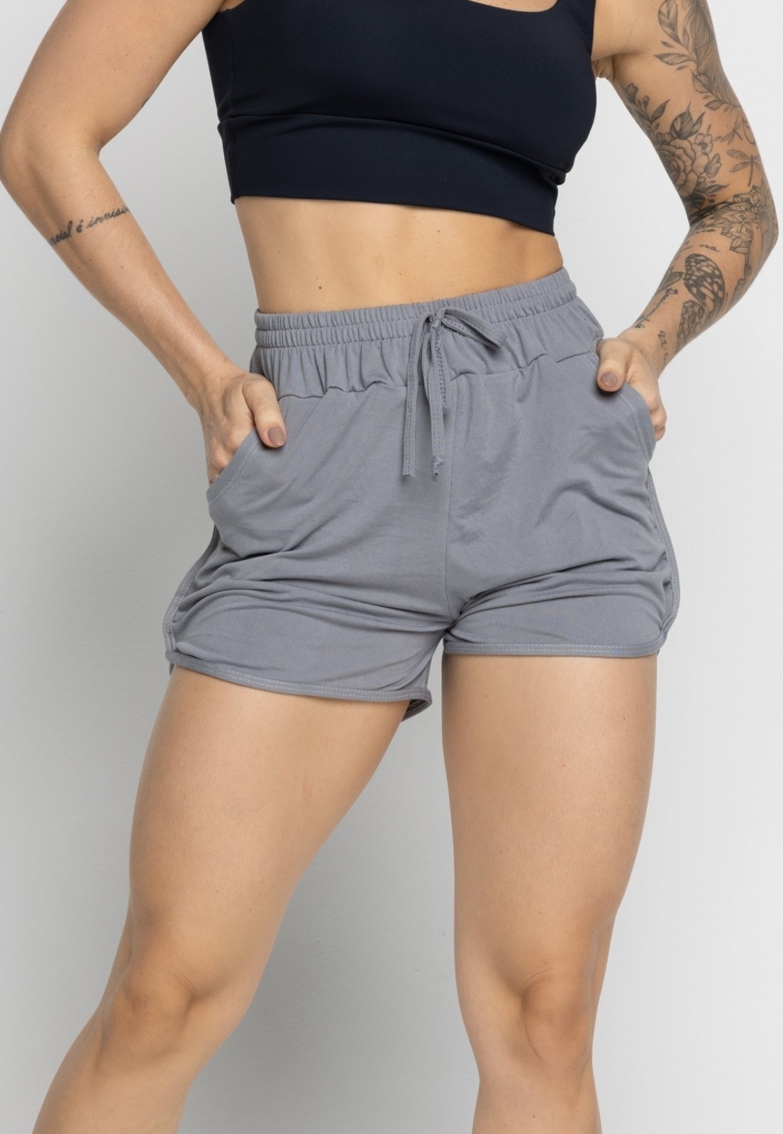 Short Vekyo Com Bolso Feminino Moda Praia Piscina Verão Fitness Cinza