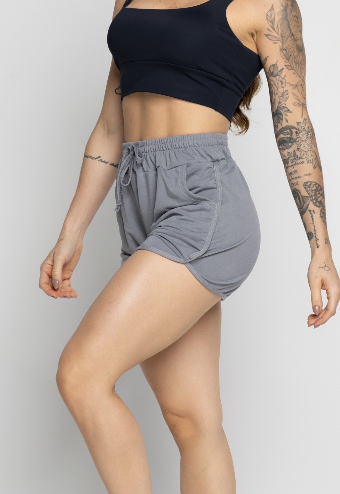 Vista 3 Short Vekyo Com Bolso Feminino Moda Praia Piscina Verão Fitness cinza VEKYO cinza