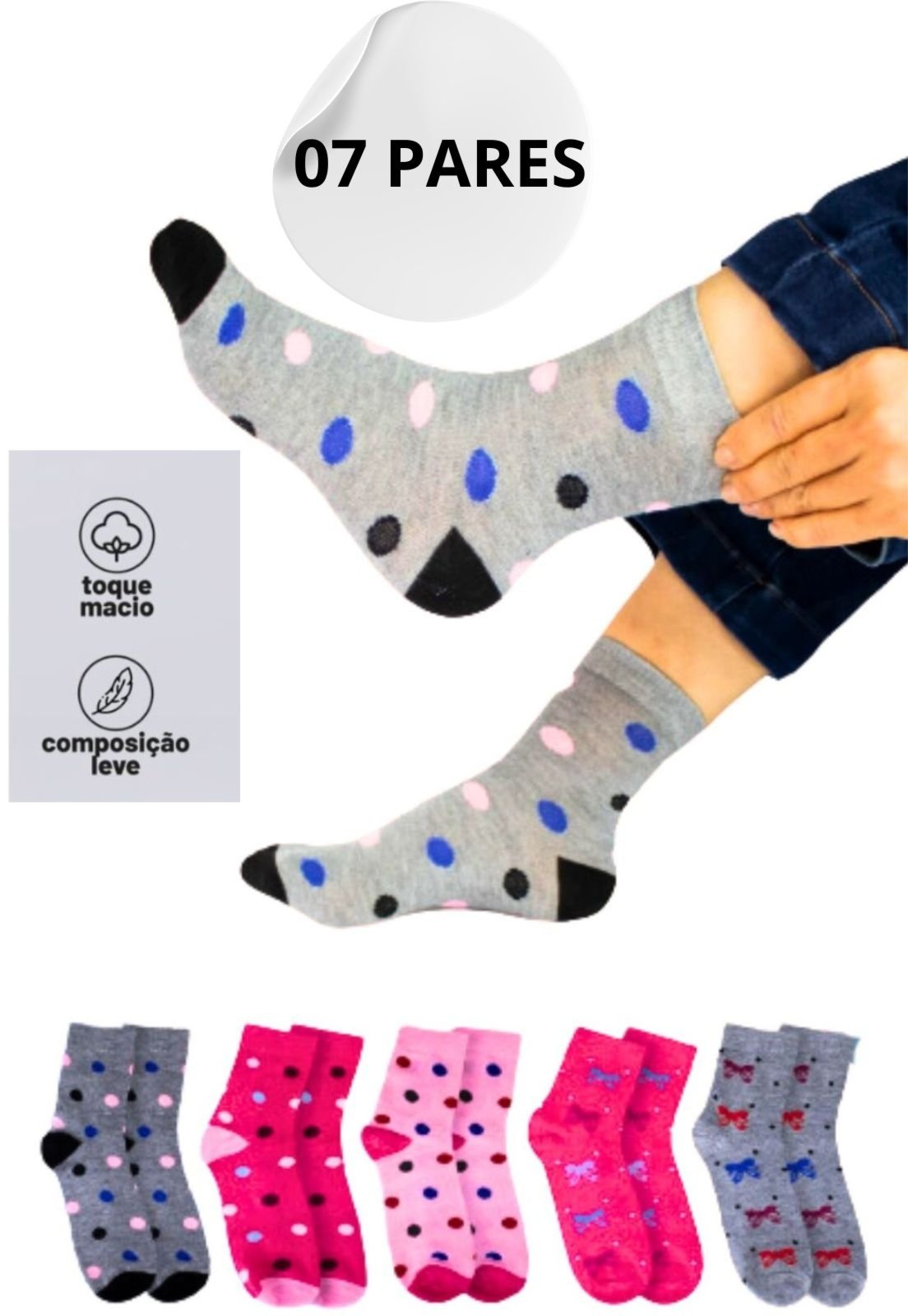 Kit 7 Pares de Meia Cano Alto Feminina Algodao Premiun Colorida Sortidas