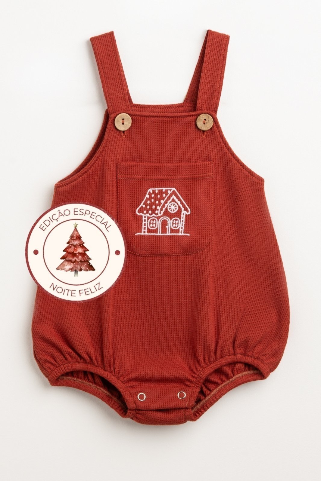 Infantil - Jardineira Body Malha Block Bolso Bordado Casinha de Natal Vermelho Zebra&Friends