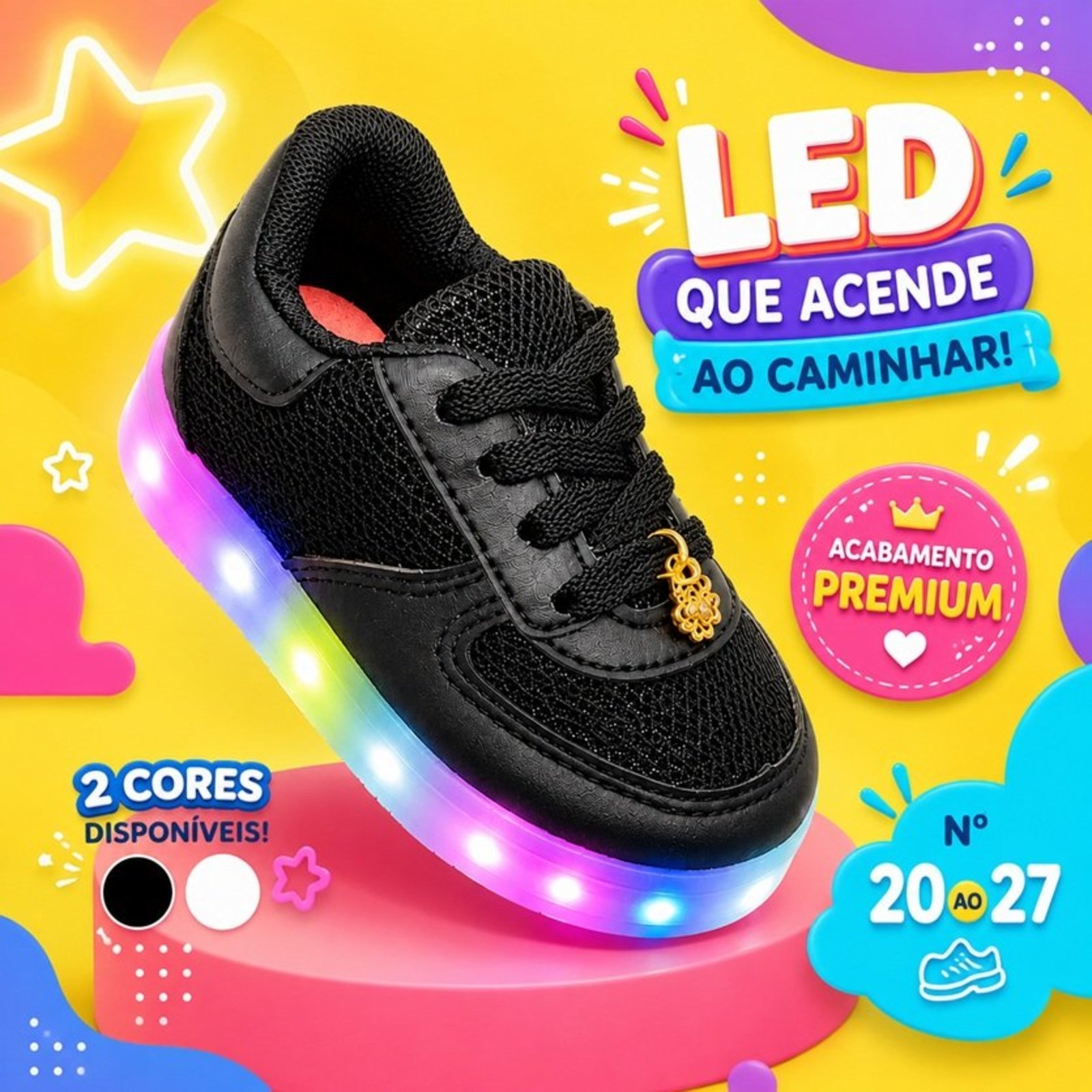 Infantil - Tenis Com LED Colorido Menina Leve Confortavel Anatomico Com Pingente Delicado