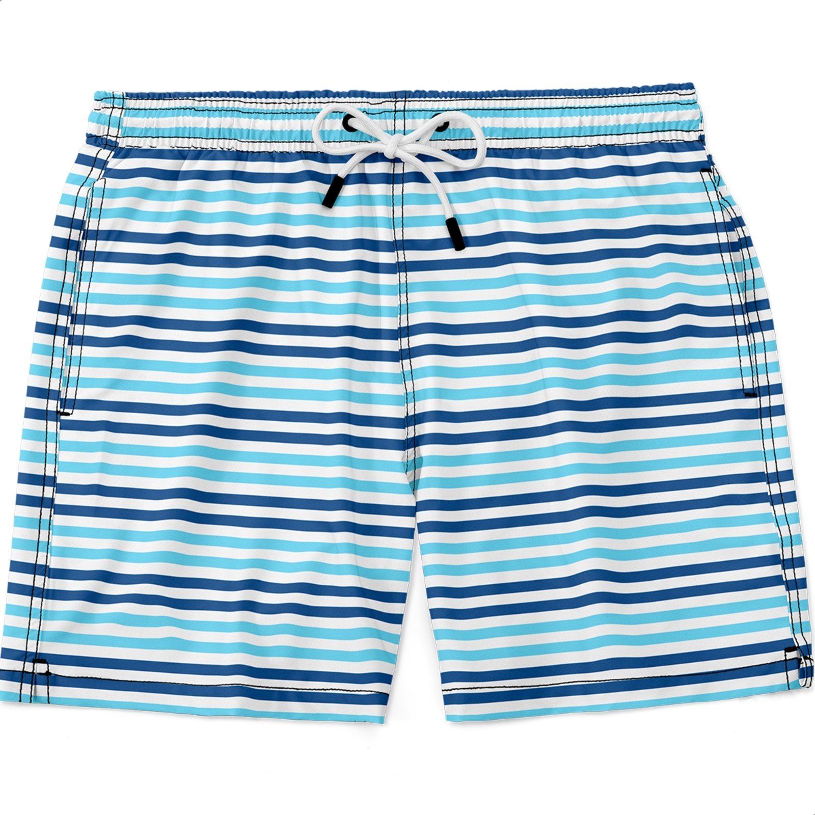 Shorts Masculino Tactel e Elastano Estampado Leve c/ Elástico e Cordão Ajustável na Cintura Bolsos Laterais e Secagem Rápida Uso Casual Treino Academia Listrada Azuis e Branco