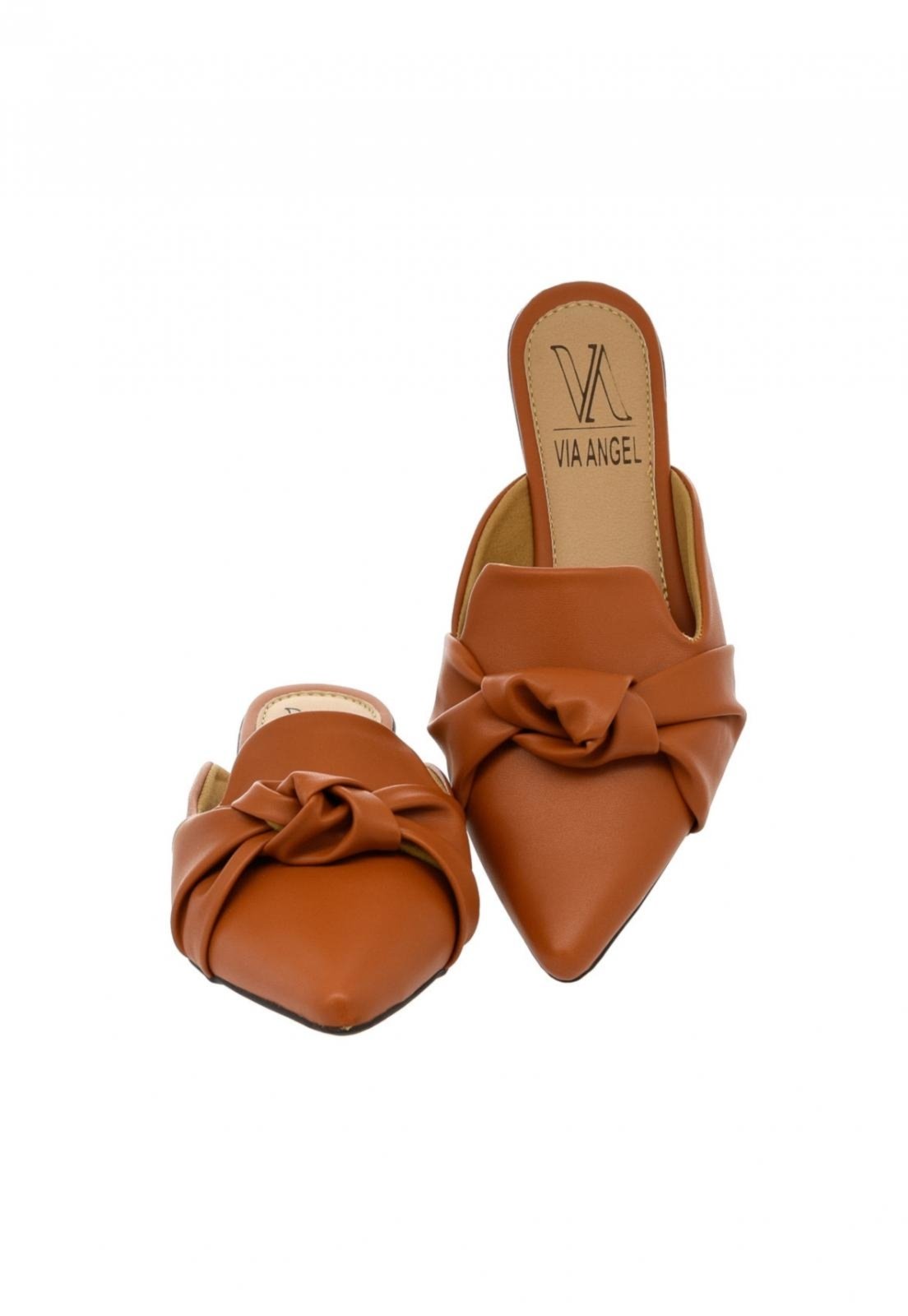 Mule Feminino Sapatilha Bico Fino Laço Nó Confortável Via Angel 1903 Caramelo.