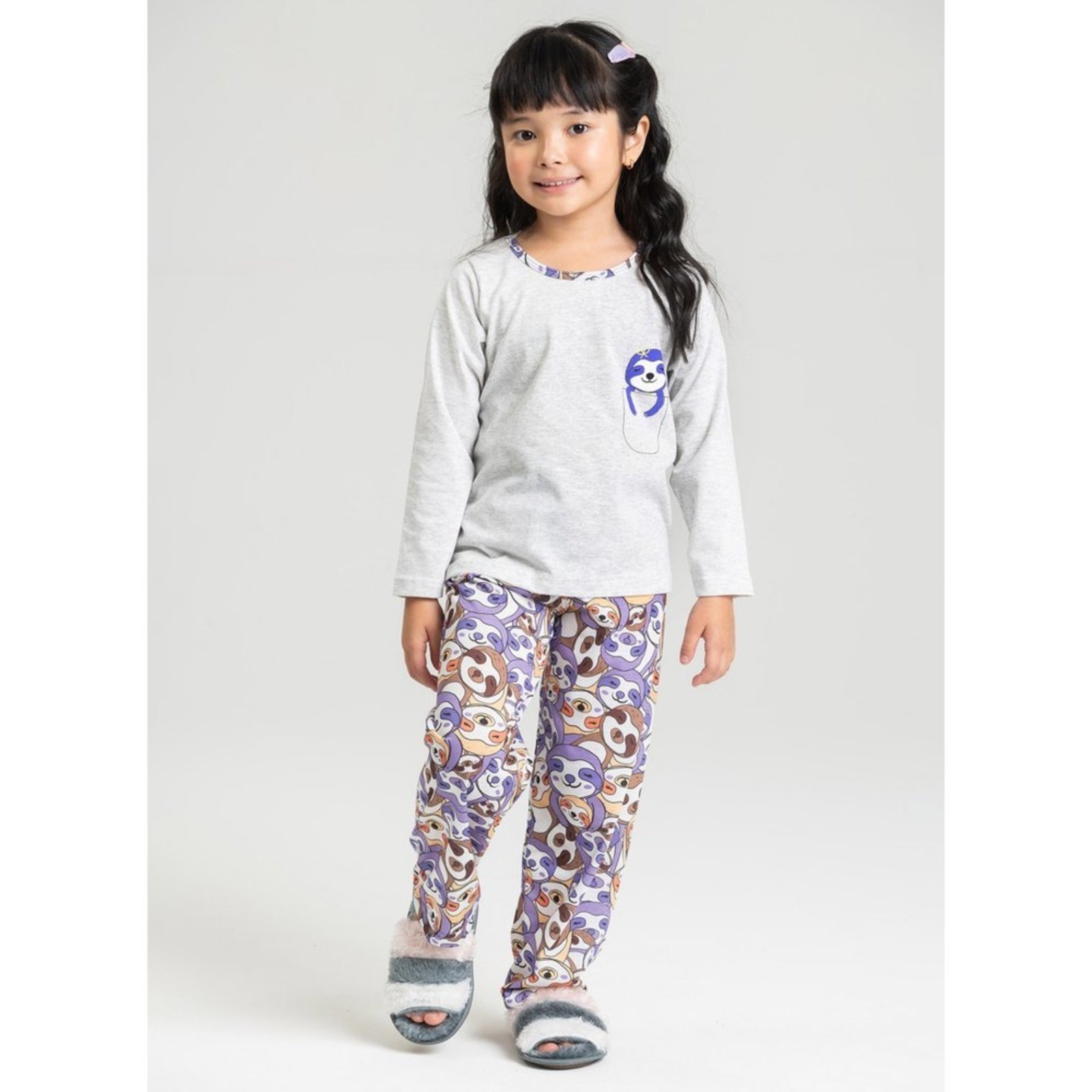 Pijama Longo Menina Mescla Bicho Preguiça