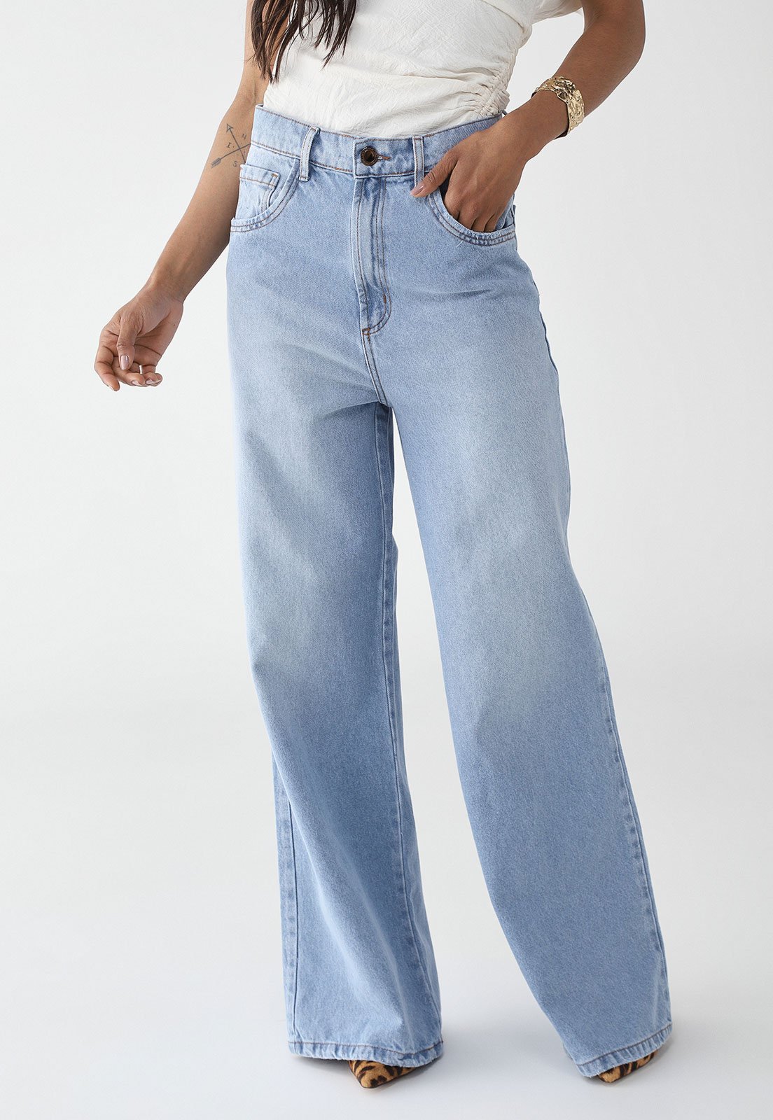 Calça Jeans Lança Perfume Wide Leg Pesponto Azul