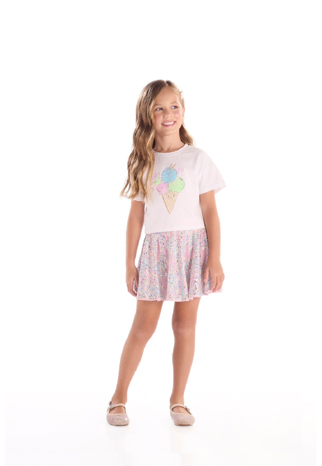 Infantil - Conjunto Blusa e Saia Brilhante Quimby Branco