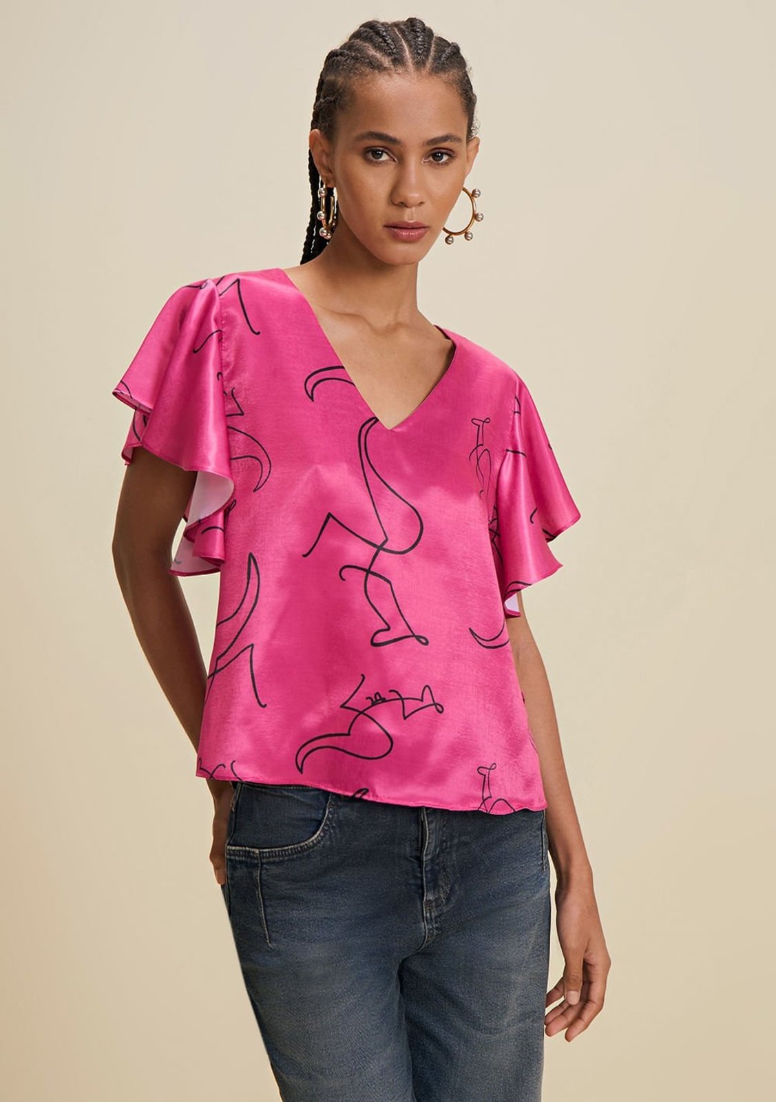 Blusa Morena Rosa V Manga Curta Cropped Rosa