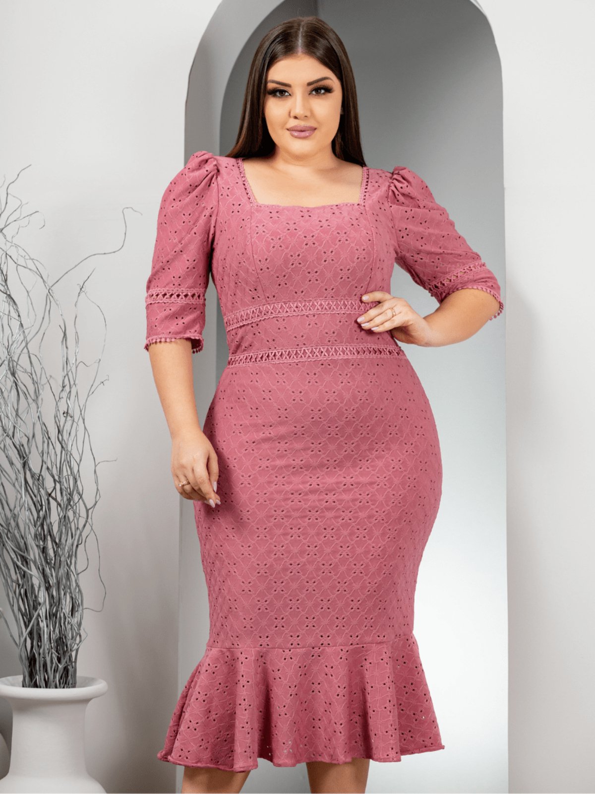 Vestido Midi Justo Social Malha Lese Elegante Manga 3/4 Festa Casamento Rosê