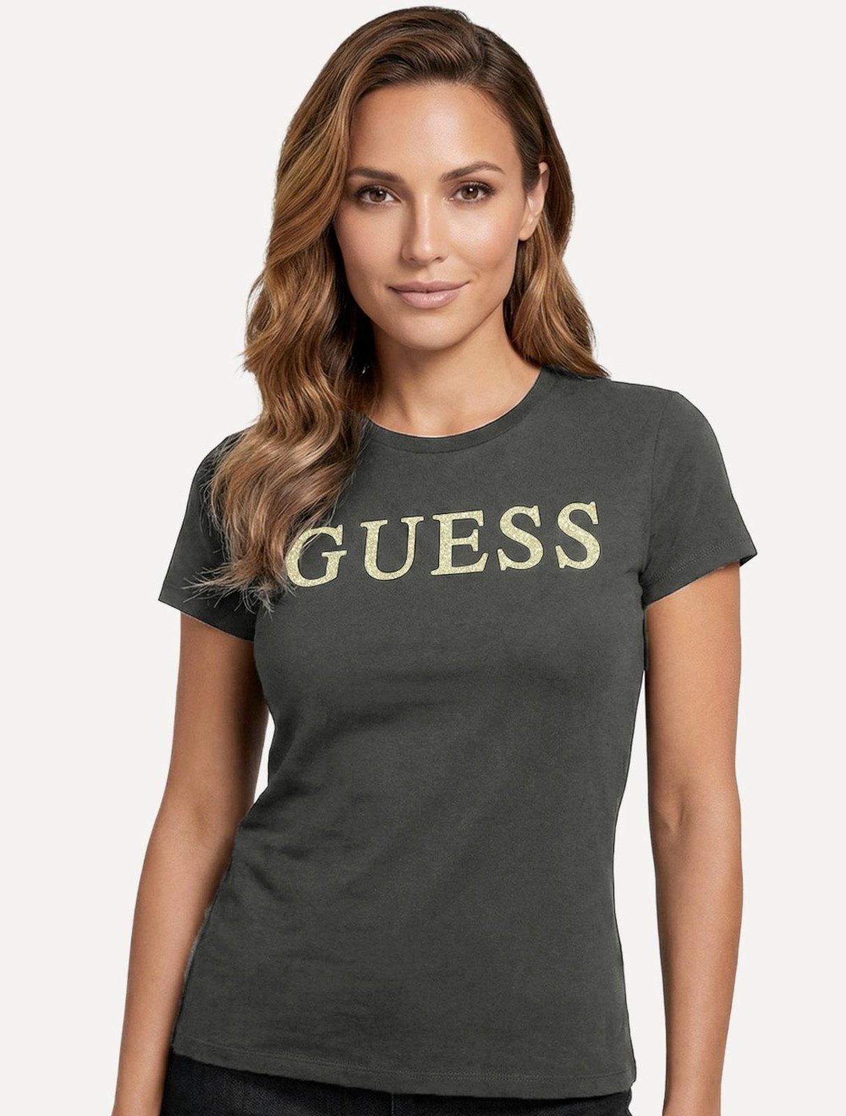 Camiseta Guess Feminina Silk Gold Logo Simple Grafite
