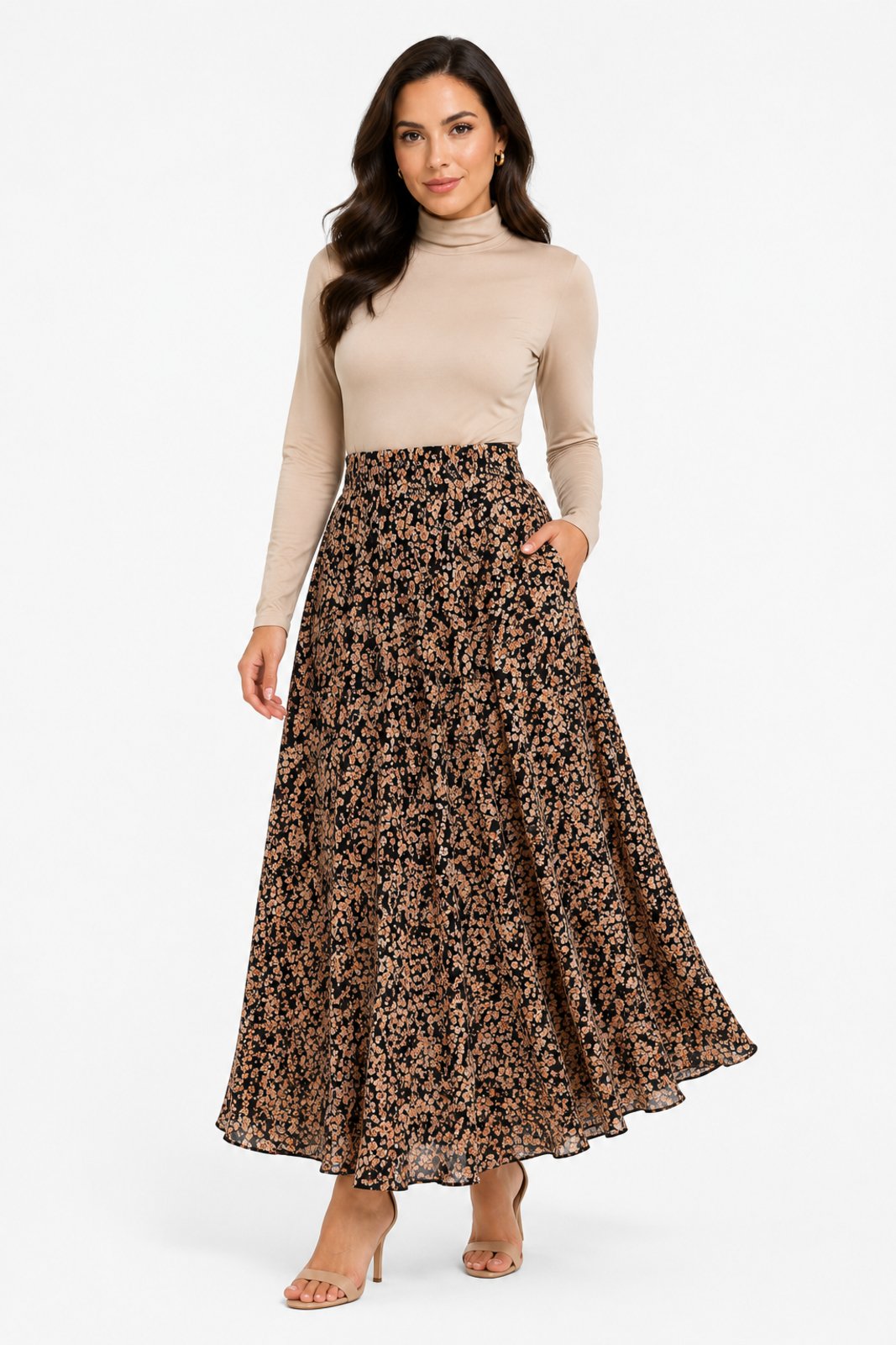 Saia Longa D Bell Outlet Fashion Estampa Floral Preto e Bege