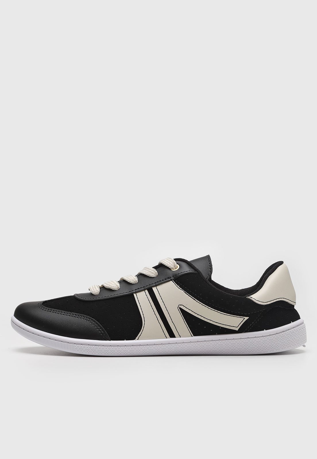 Tênis Feminino Moleca Cadarço Preto e Off-White