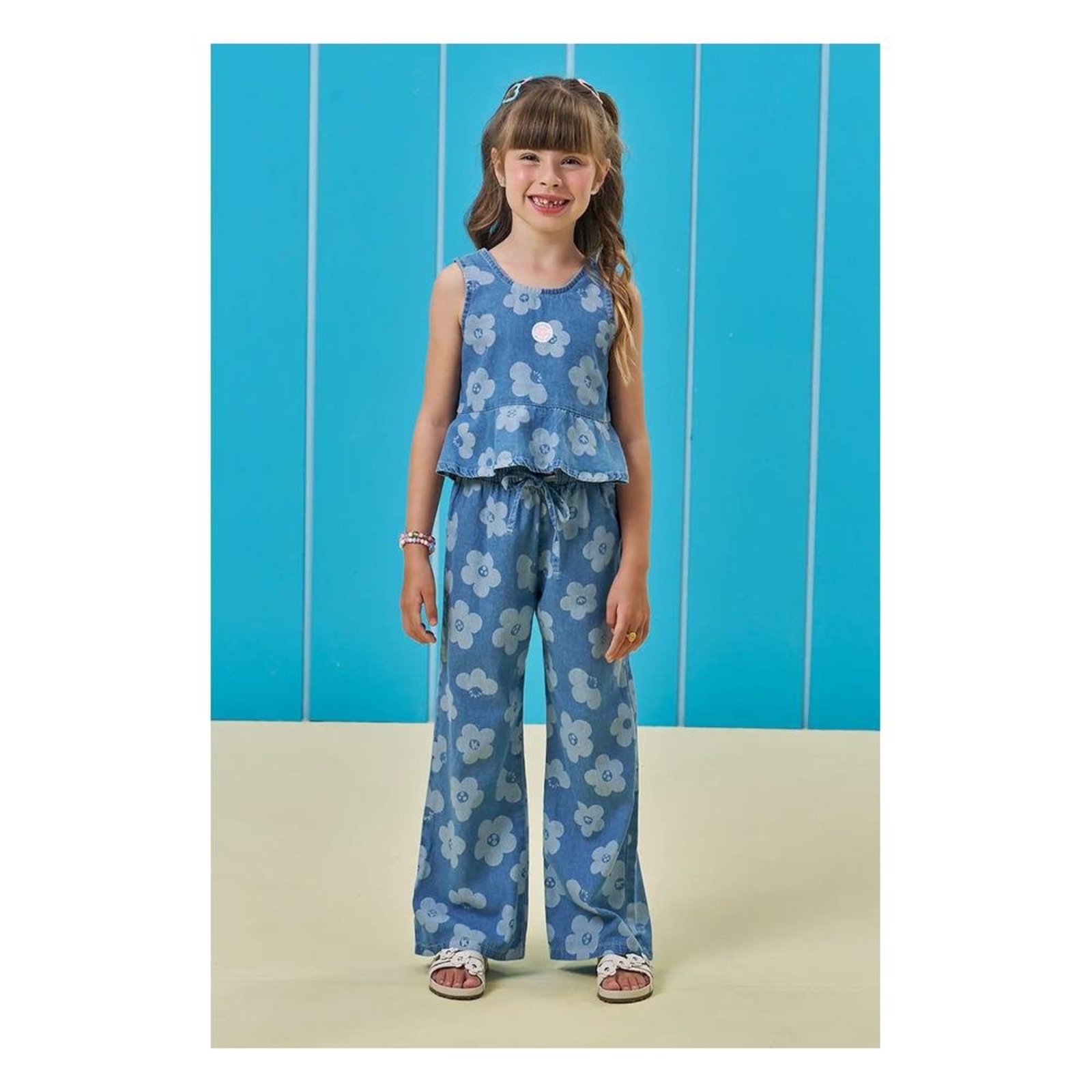 Infantil - Conjunto Feminino Cropped Calça Pantalona Jeans Floral Kukiê 10 Unico