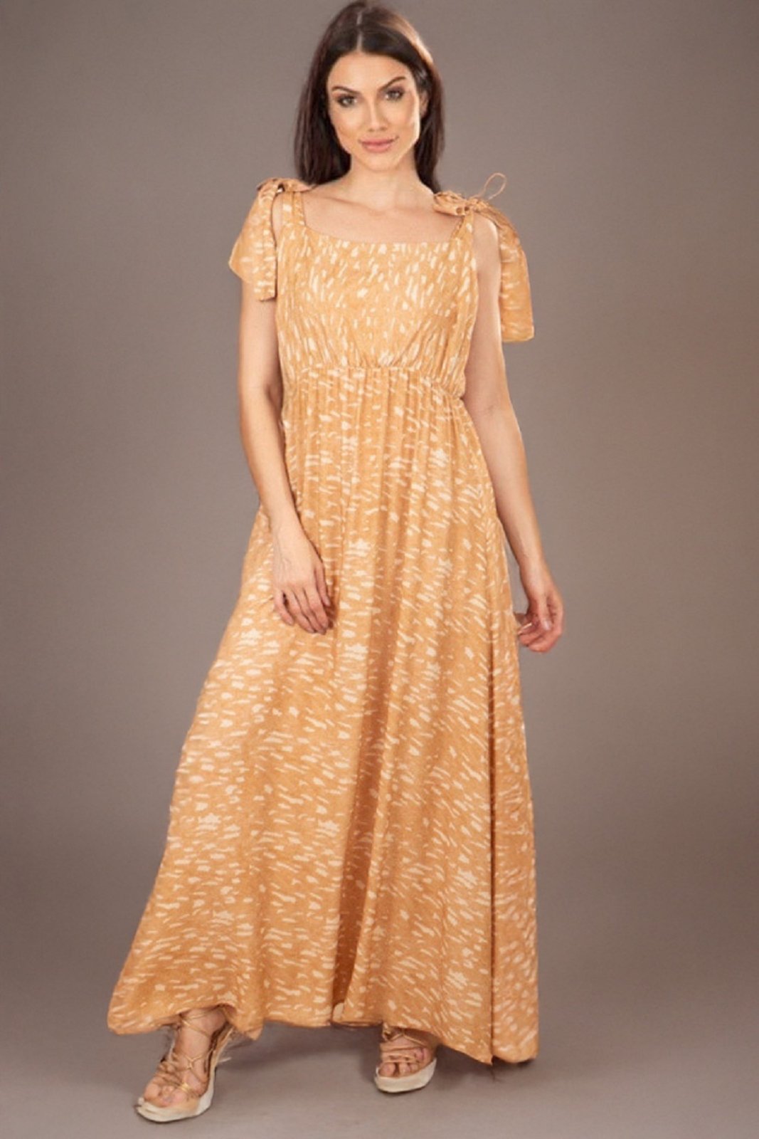 Vista 3 Vestido Longo Amazonia Vital Viscose com Amarração no Ombro Dunas Do Nordeste Amazonia Vital amarelo/estampado