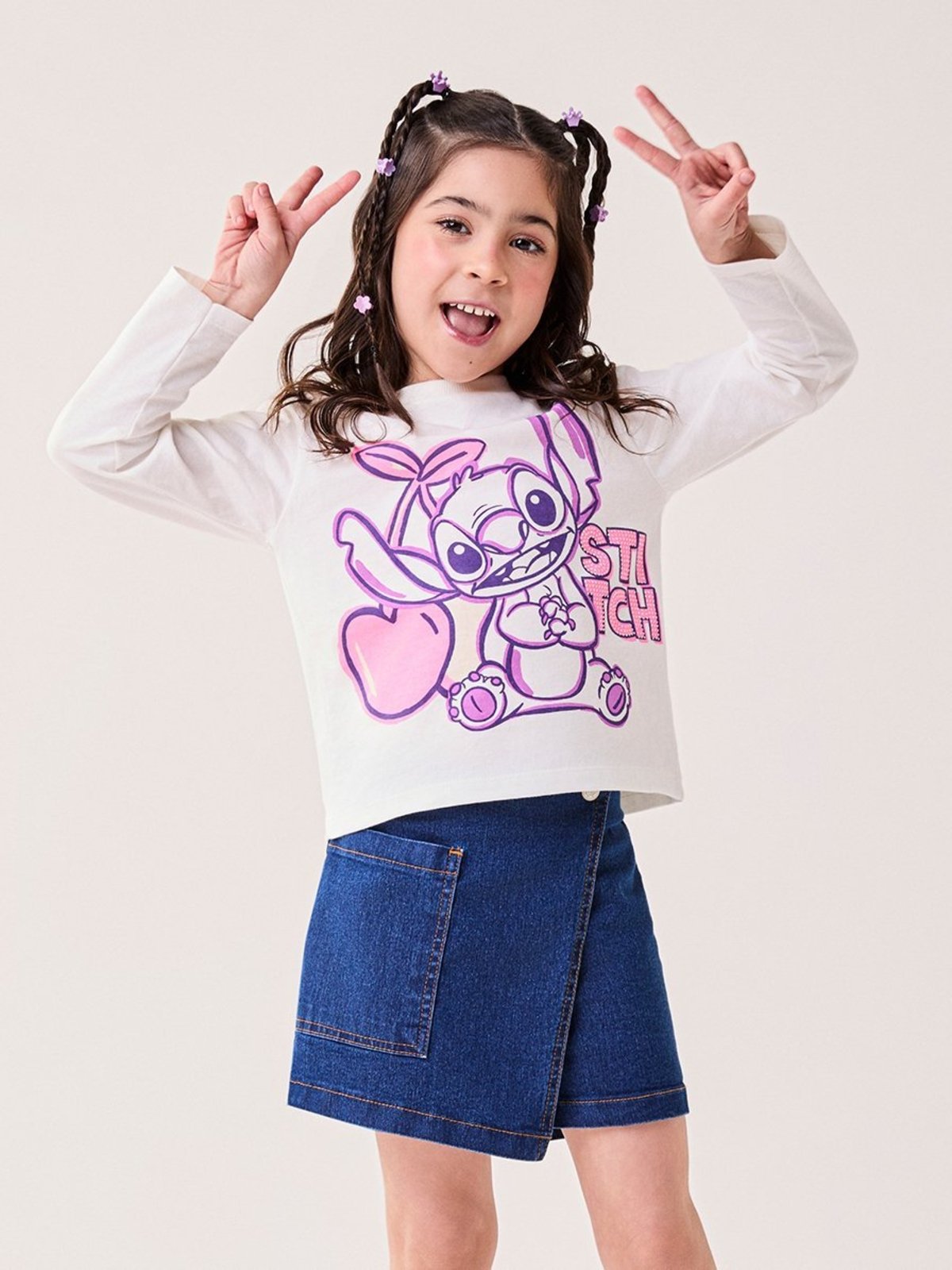 Infantil - Blusa Menina Bimbi Manga Longa do Stitch Disney