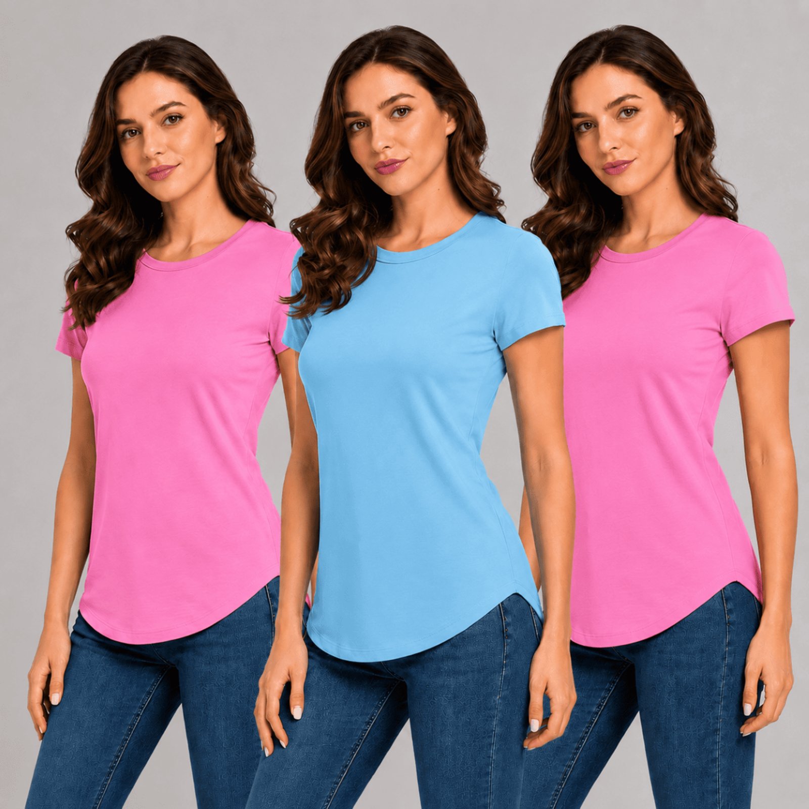Kit Com 3 Camisetas Longtail Feminina Básica Sem Estampa - Rosa/Rosa/Azul Celeste