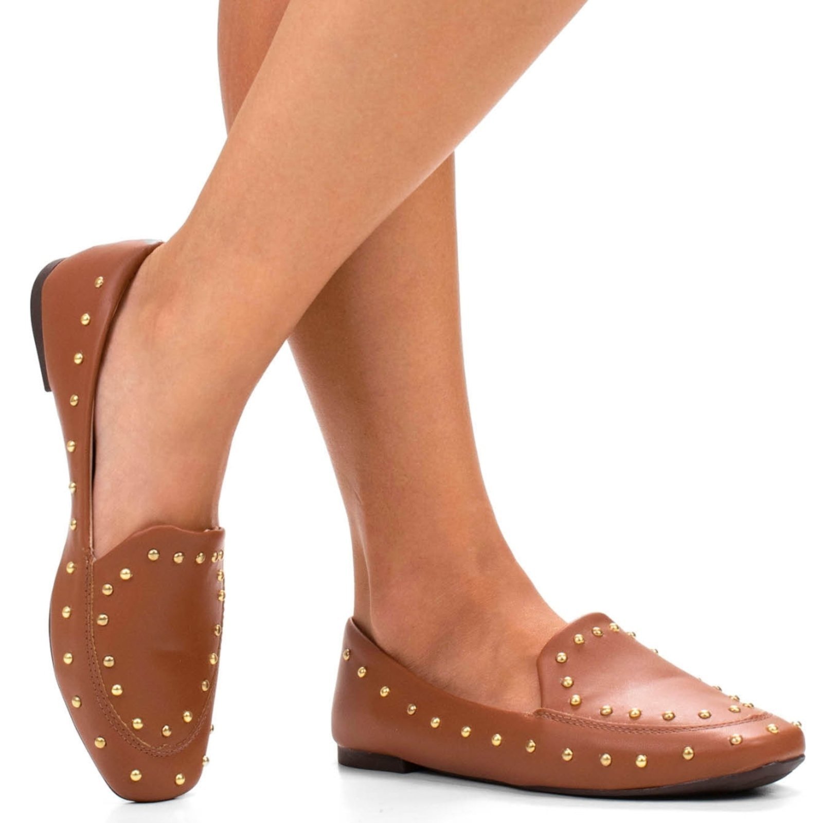 Sapato Feminino Sapatilha Bico redondo confortável macio Caramelo/Ouro