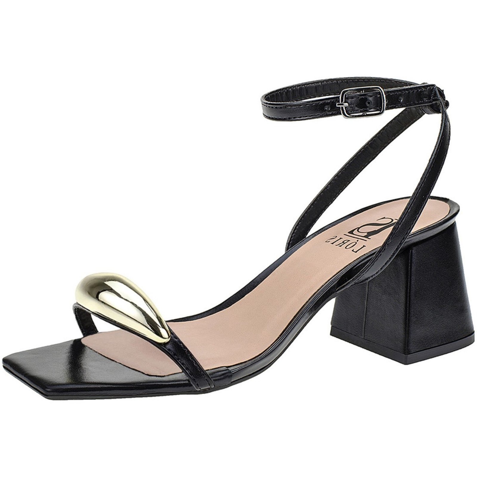 Sandália Lóris Shoes com Enfeite ABS Gota Salto Bloco Feminina Traseiro com Fivela 18-410 Preto
