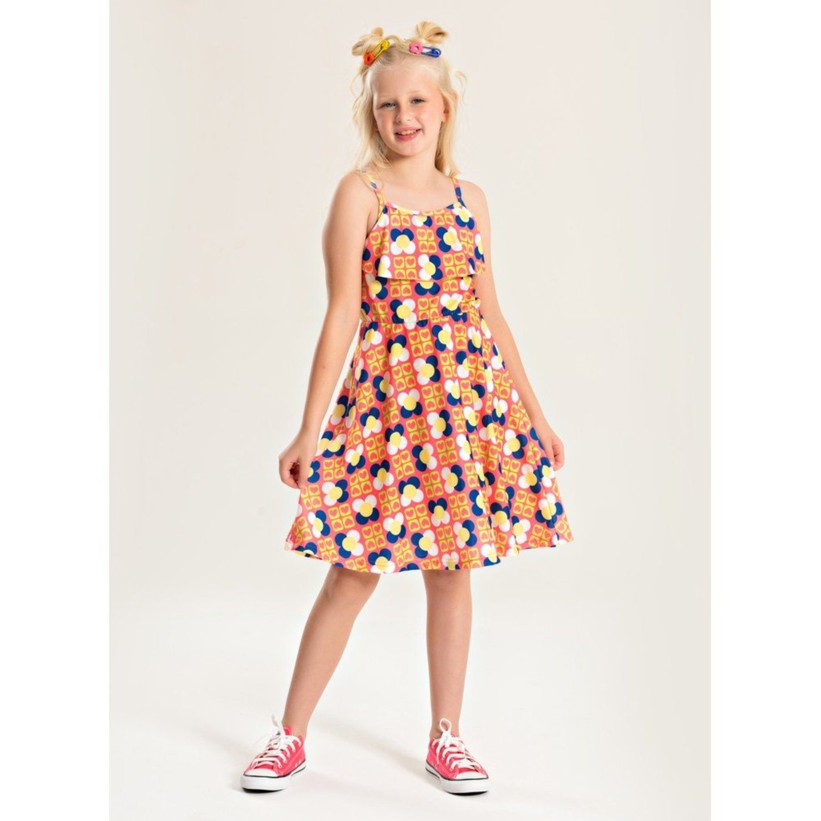 Infantil – Vestido Alcinha Verão Menina Rosa Florzinhas Geométricas