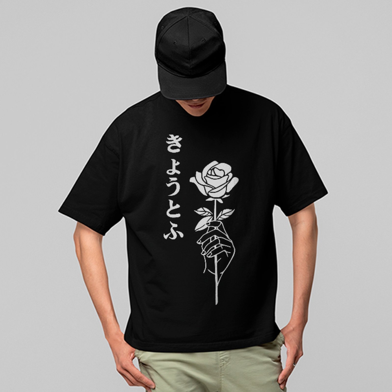Camiseta Oversized Premium Rosa Lettering Japan Style Minimalista Unissex Preto