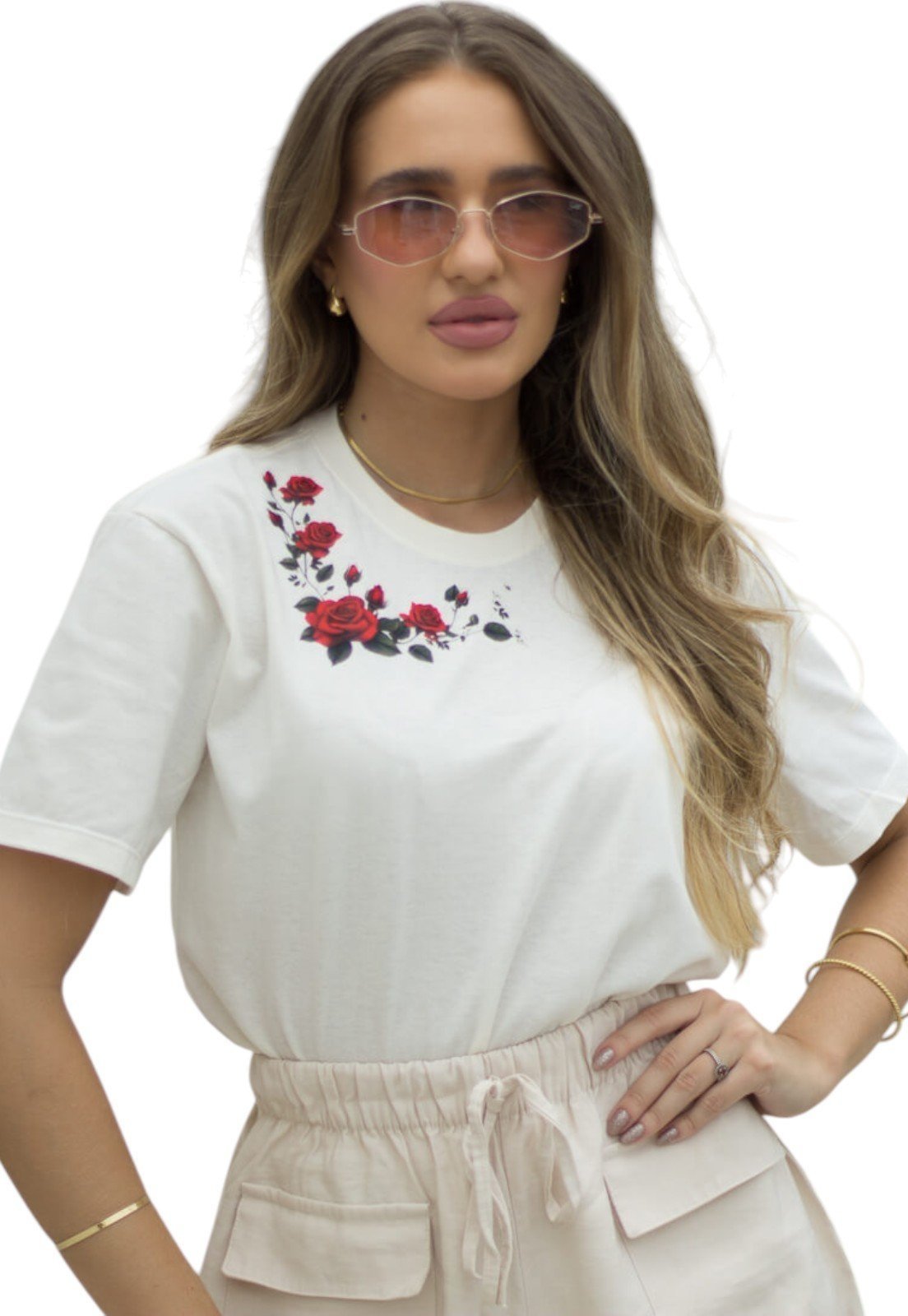Camiseta Cianitas Off Estampa Rosa Vermelha Gola
