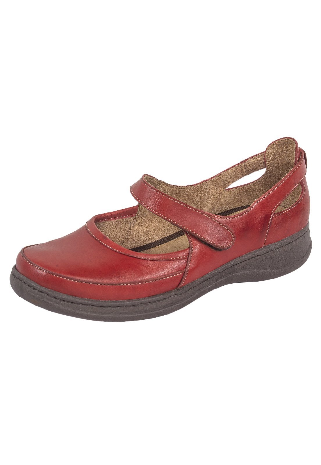 Sapato Boneca Serella Retrô Conforto Couro Vermelho 7075
