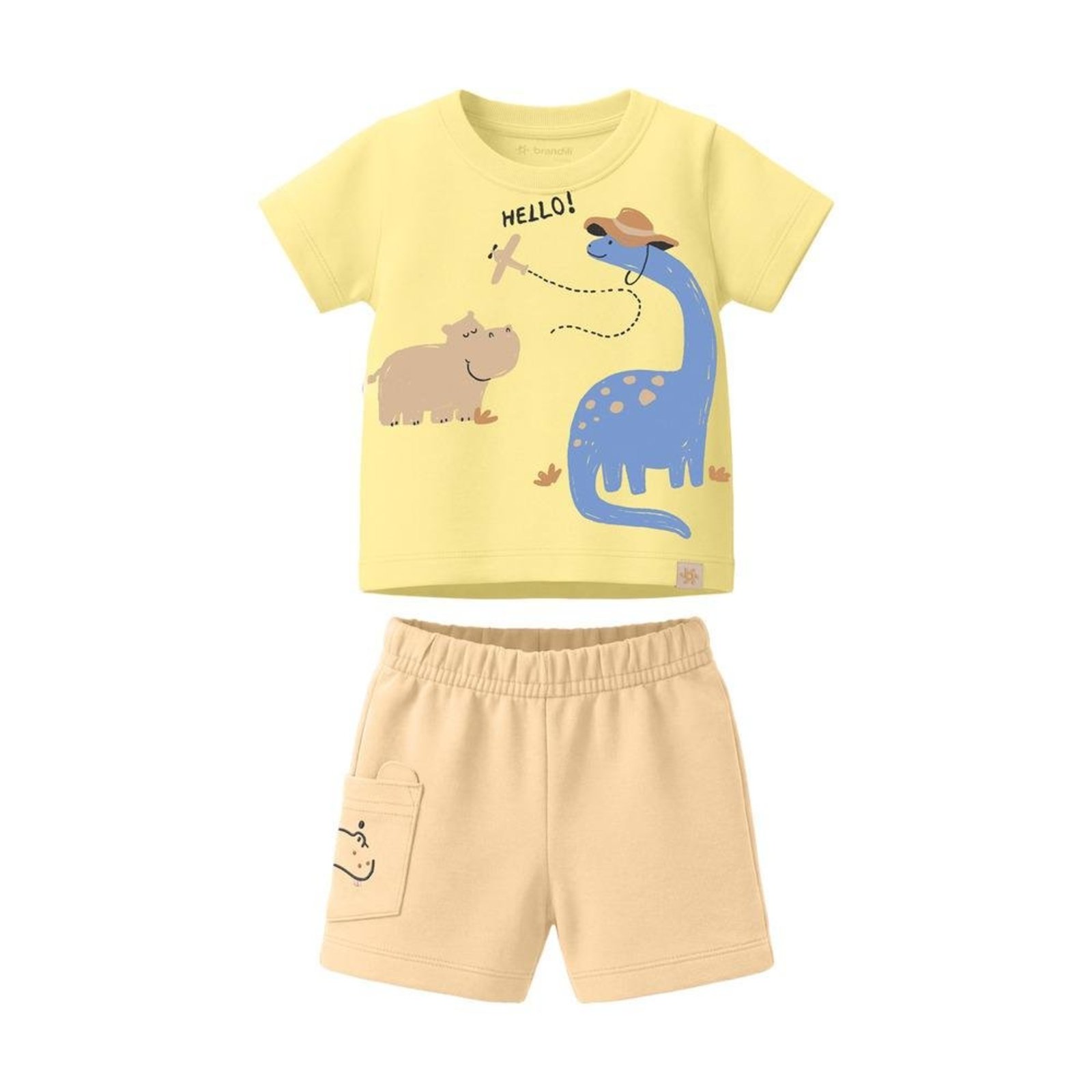 Infantil - Conjunto Camiseta Bermuda Estampa Dinossauro Brandili Amarelo Bege 1 Amarelo